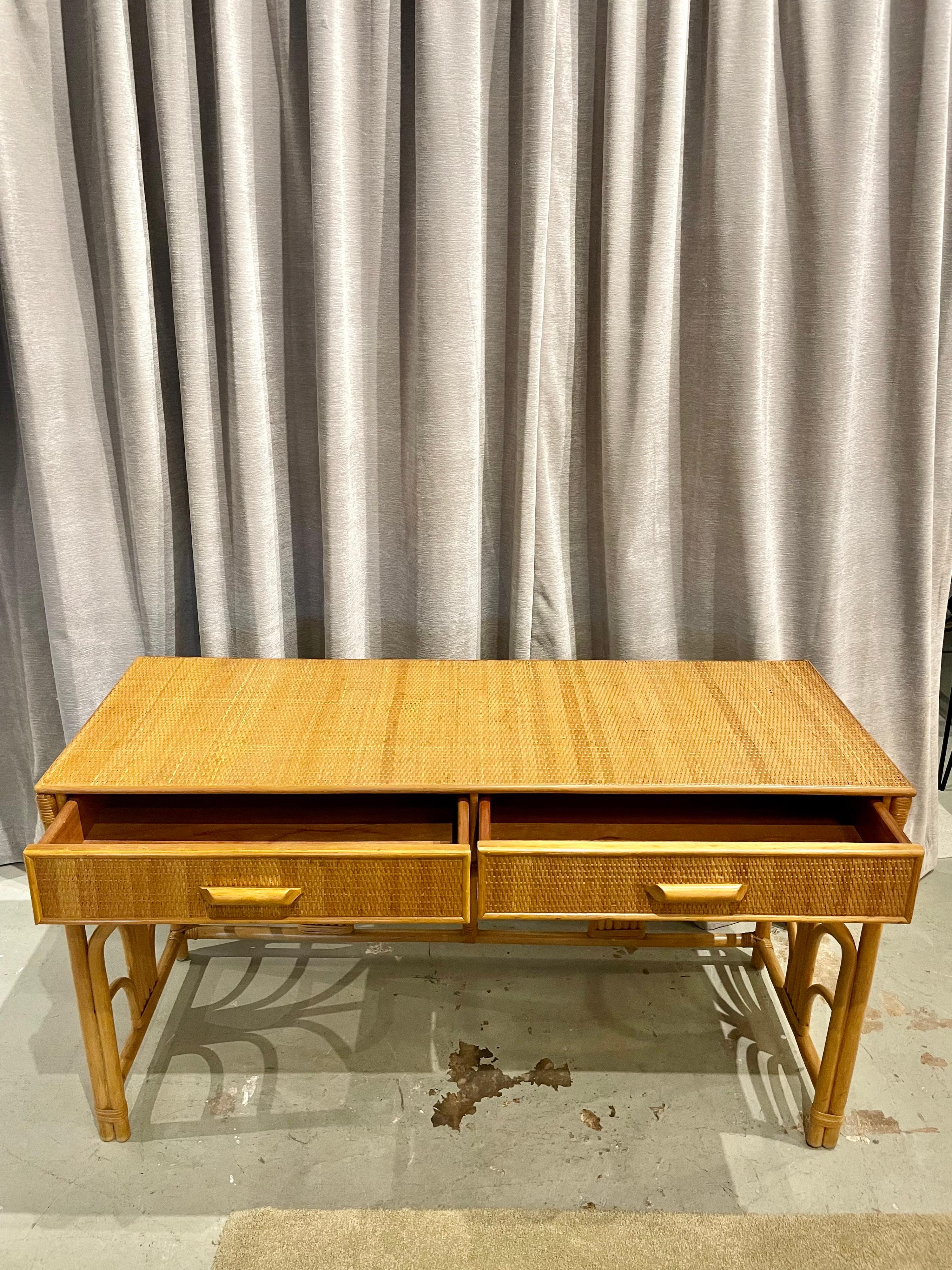 Mid-Century Modern Bamboo and Grasscloth Console/Desk Table