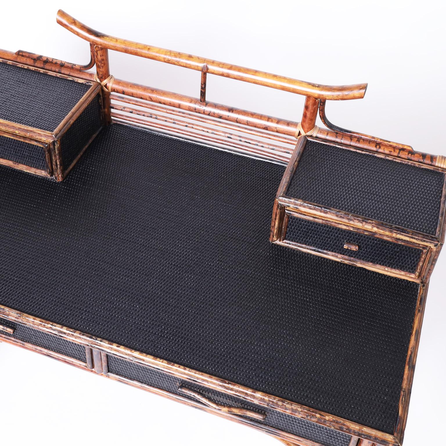 Hand-Crafted Bamboo and Grasscloth Pagoda Desk