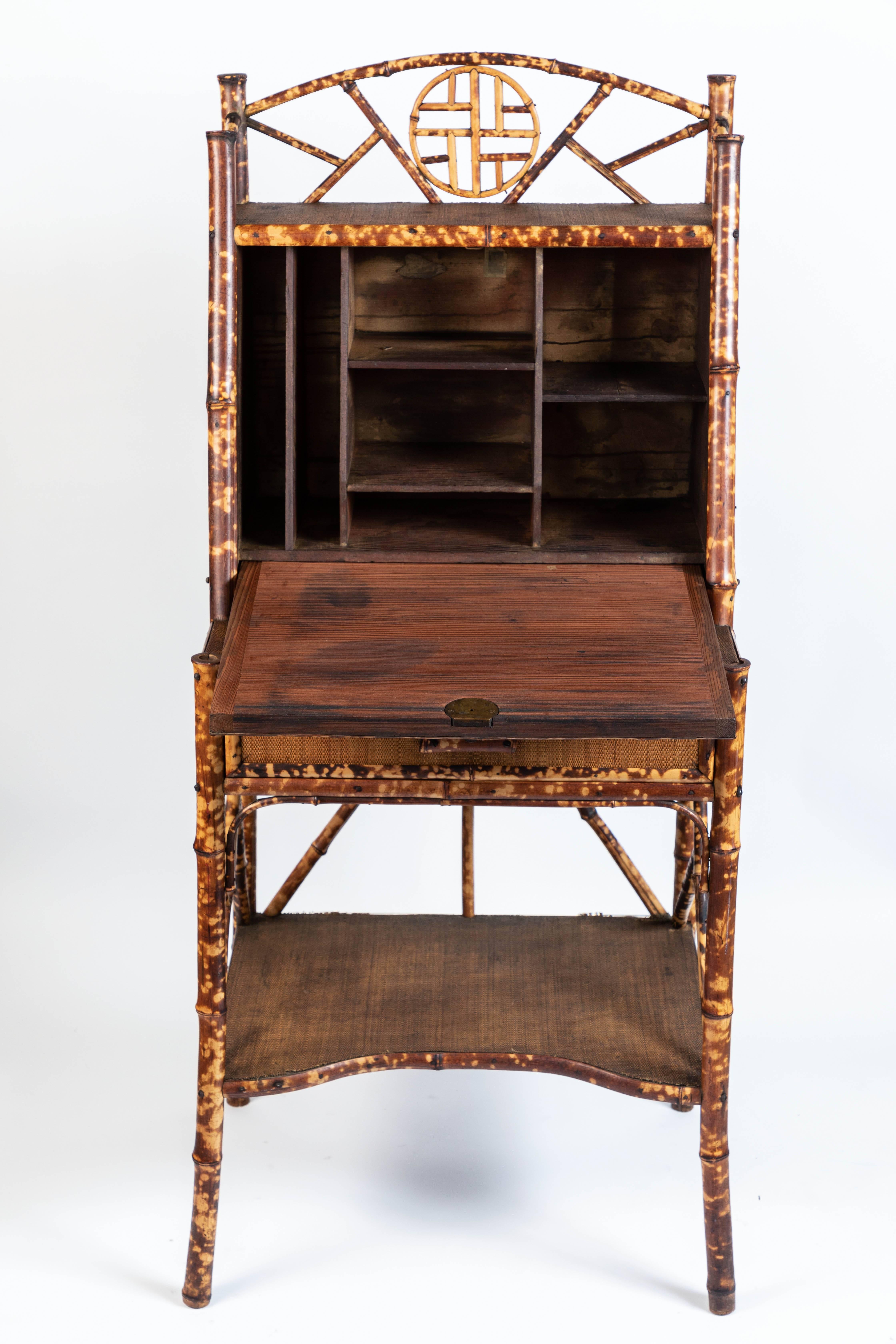 19th Century Ball and Stick Bamboo and Grasscloth Secretary Desk, circa 1890s