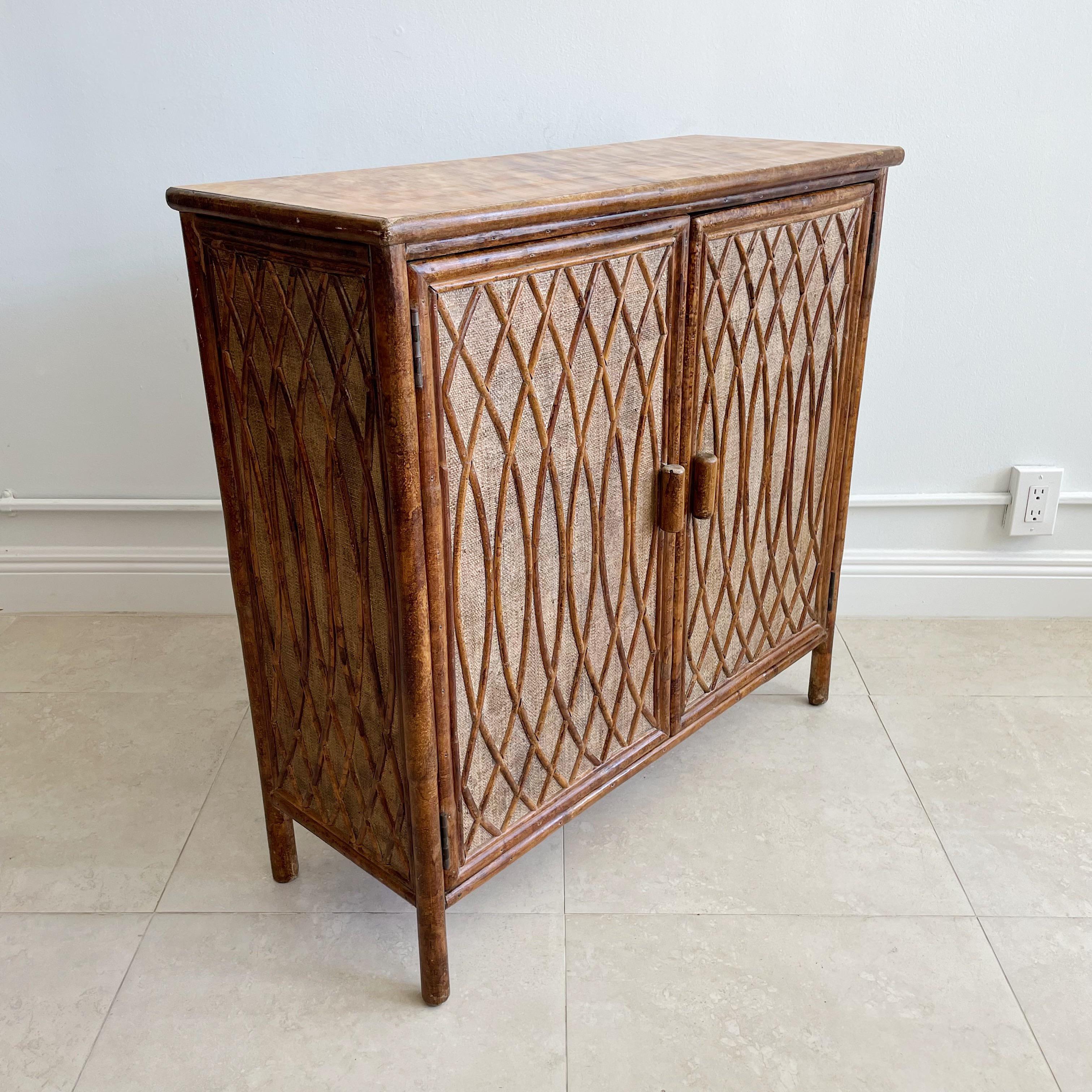 Hollywood Regency Bamboo and Grasscloth Vintage Two Door Cabinet