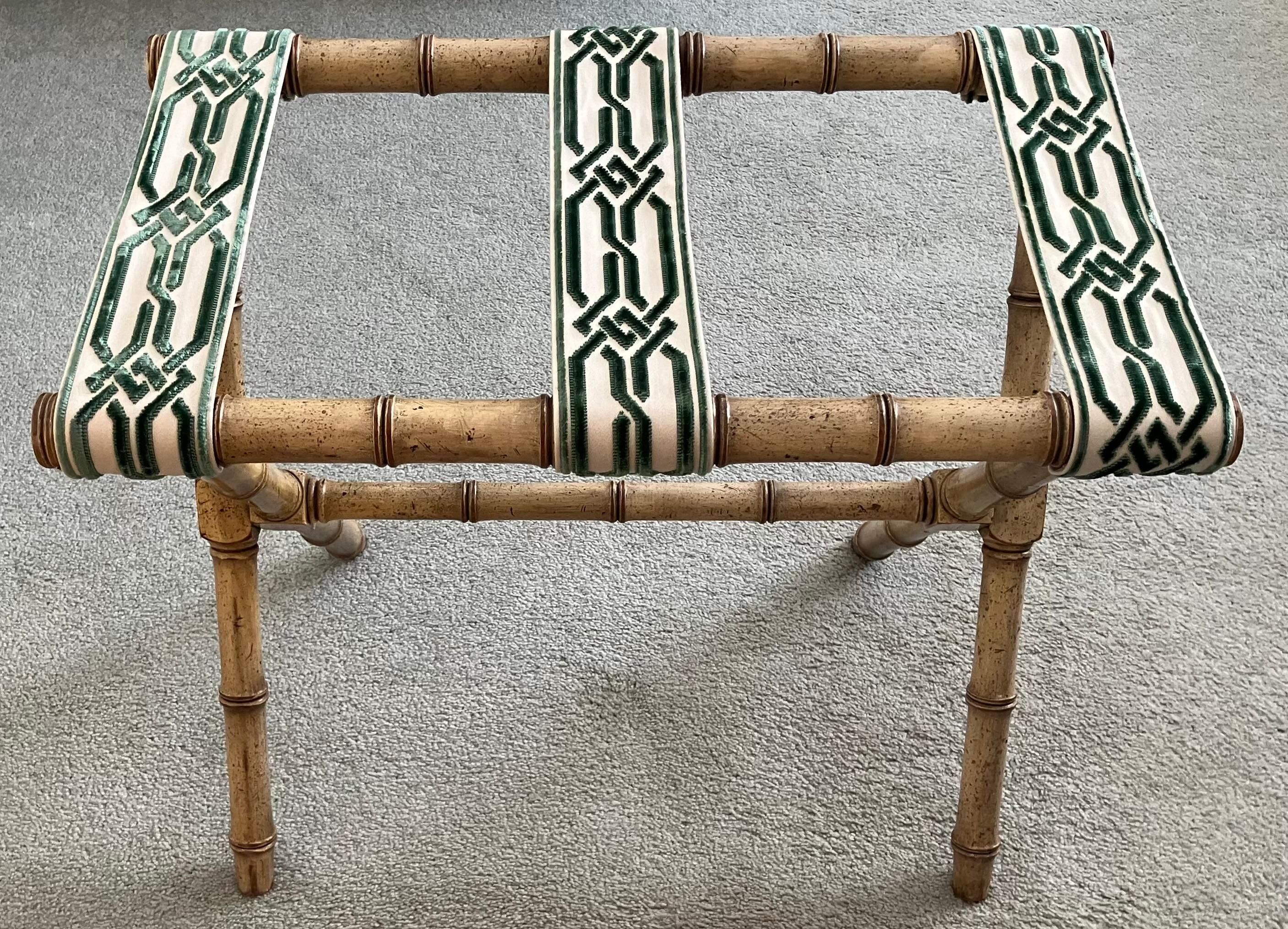 Bamboo and Green Velvet Luggage Rack In Good Condition In New York, NY