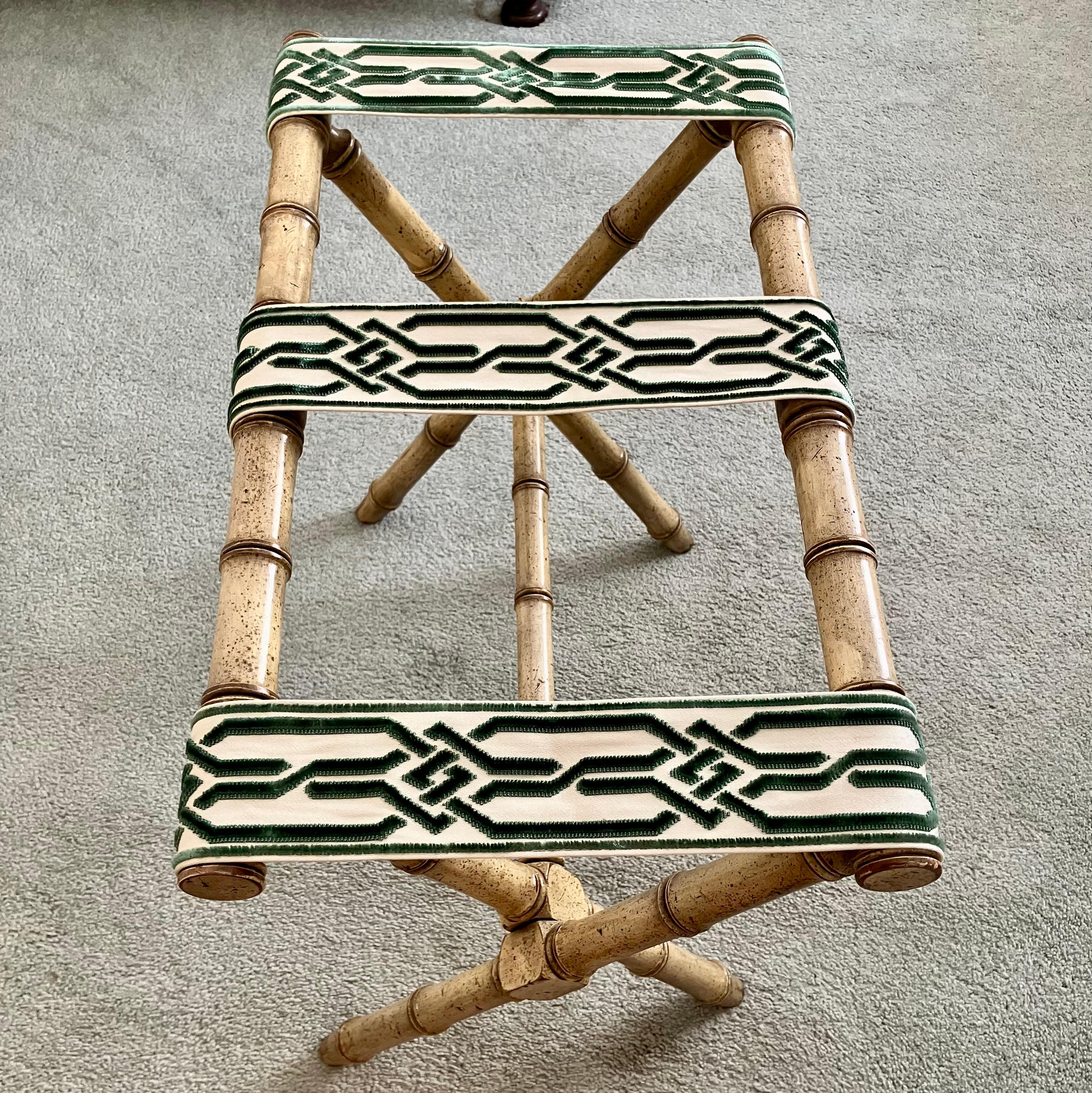 20th Century Bamboo and Green Velvet Luggage Rack