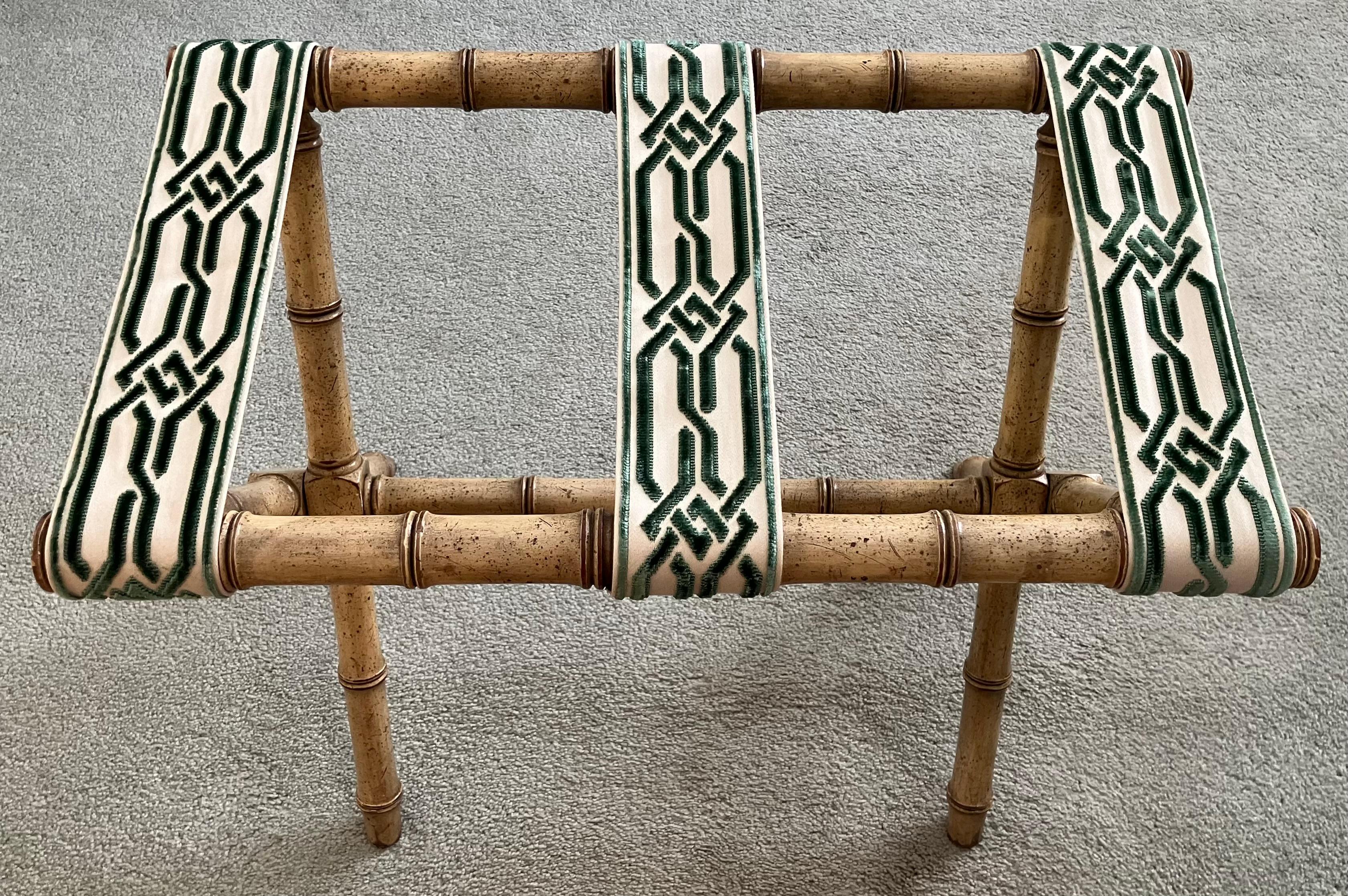 Bamboo and Green Velvet Luggage Rack 1