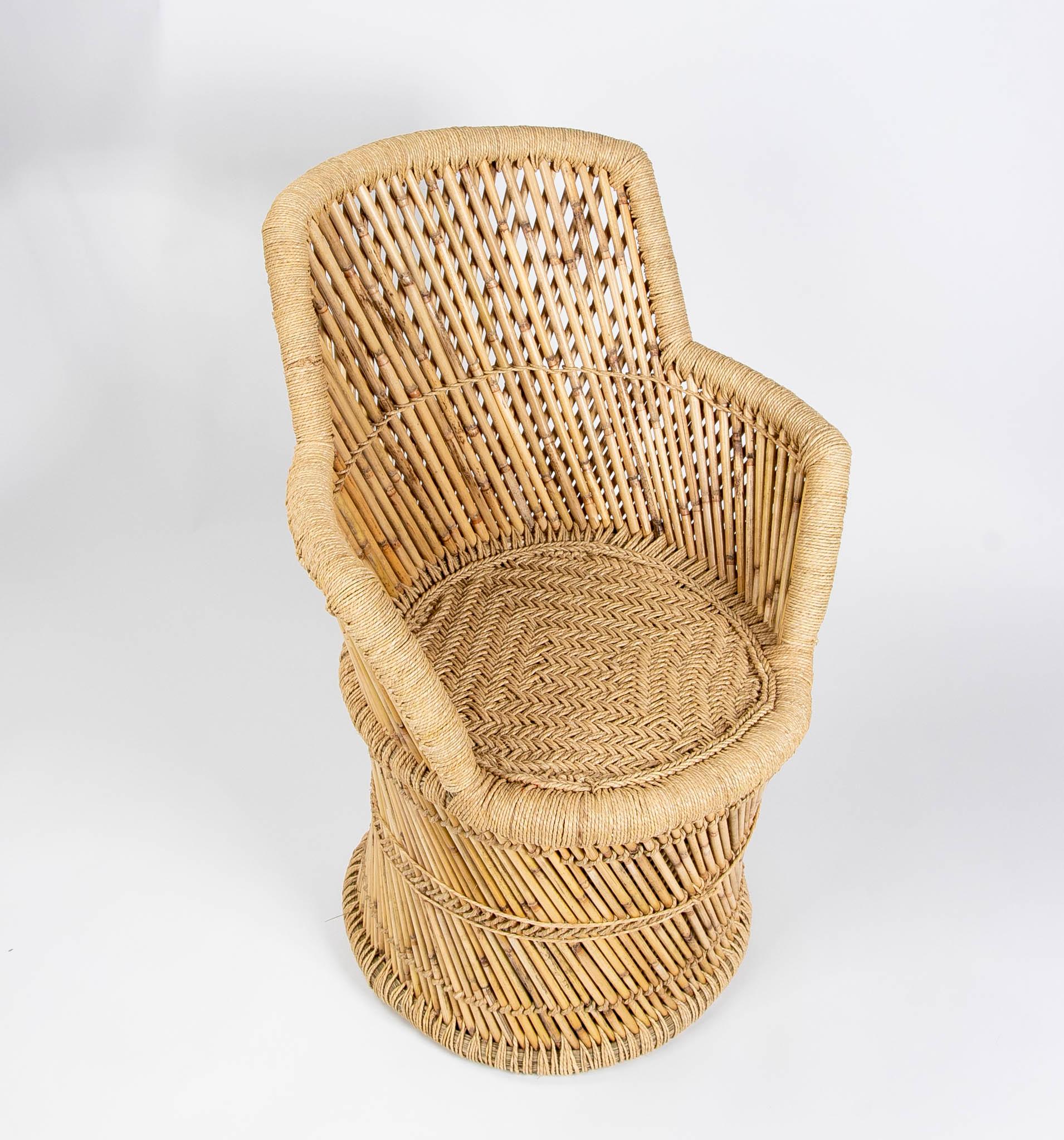 European Bamboo and Hand-Stiched Rope Armchair For Sale