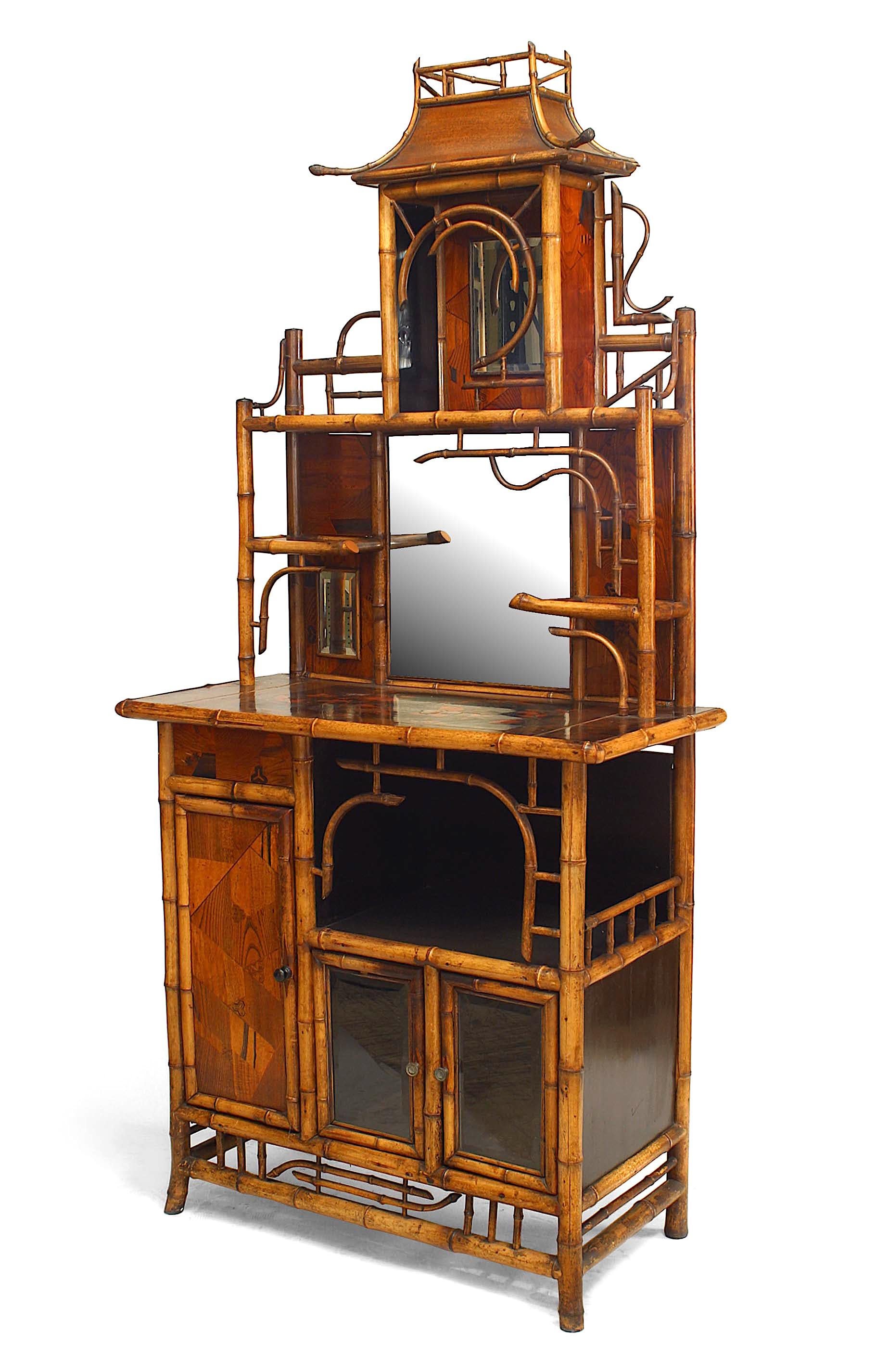 19th Century Bamboo and inlaid etagere with pagoda top and 3 doors with 3 beveled mirrors and black lacquered decorated top.