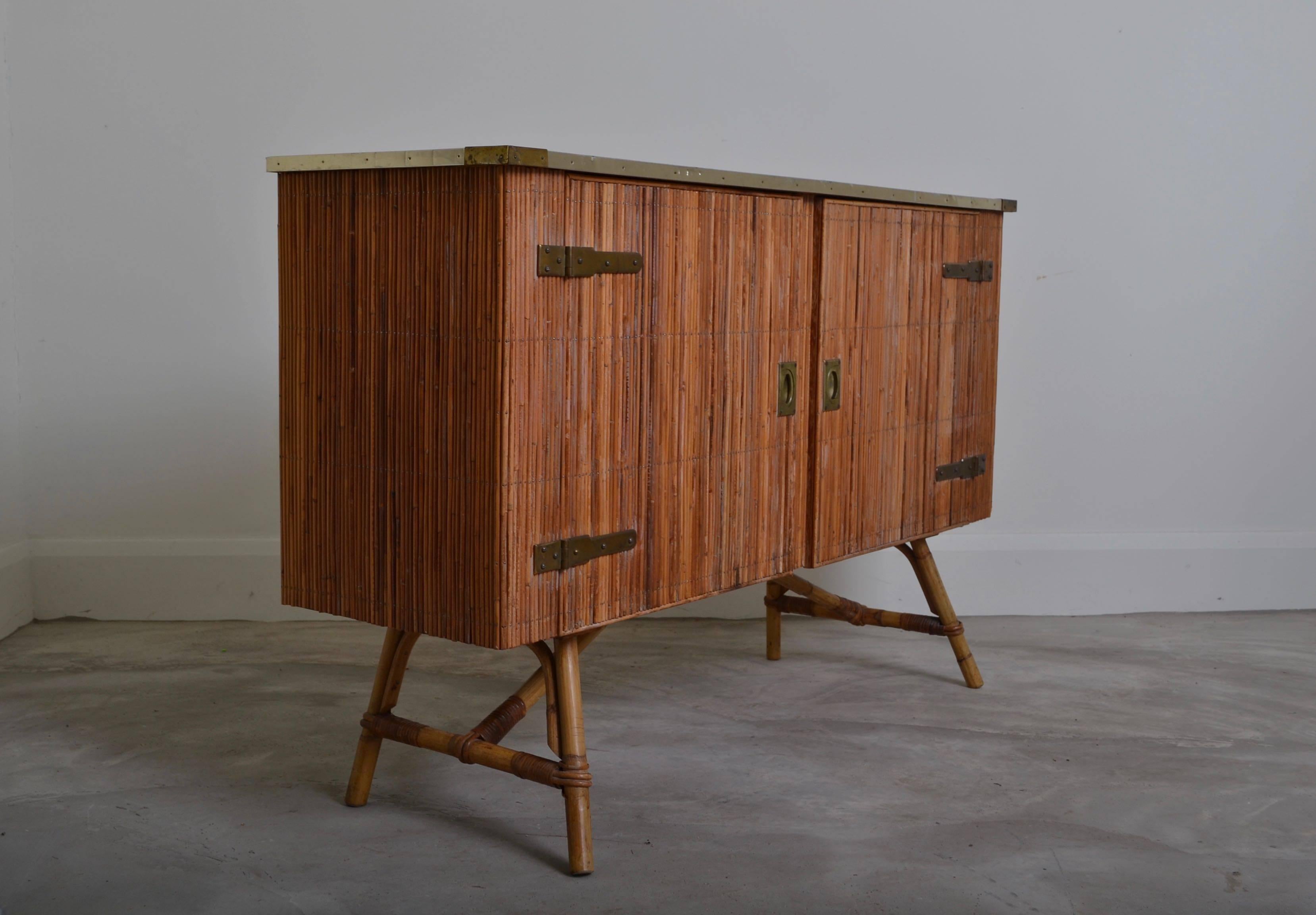 Bamboo and Lacquered Brass Two-Door Cabinet, France, 1950 3