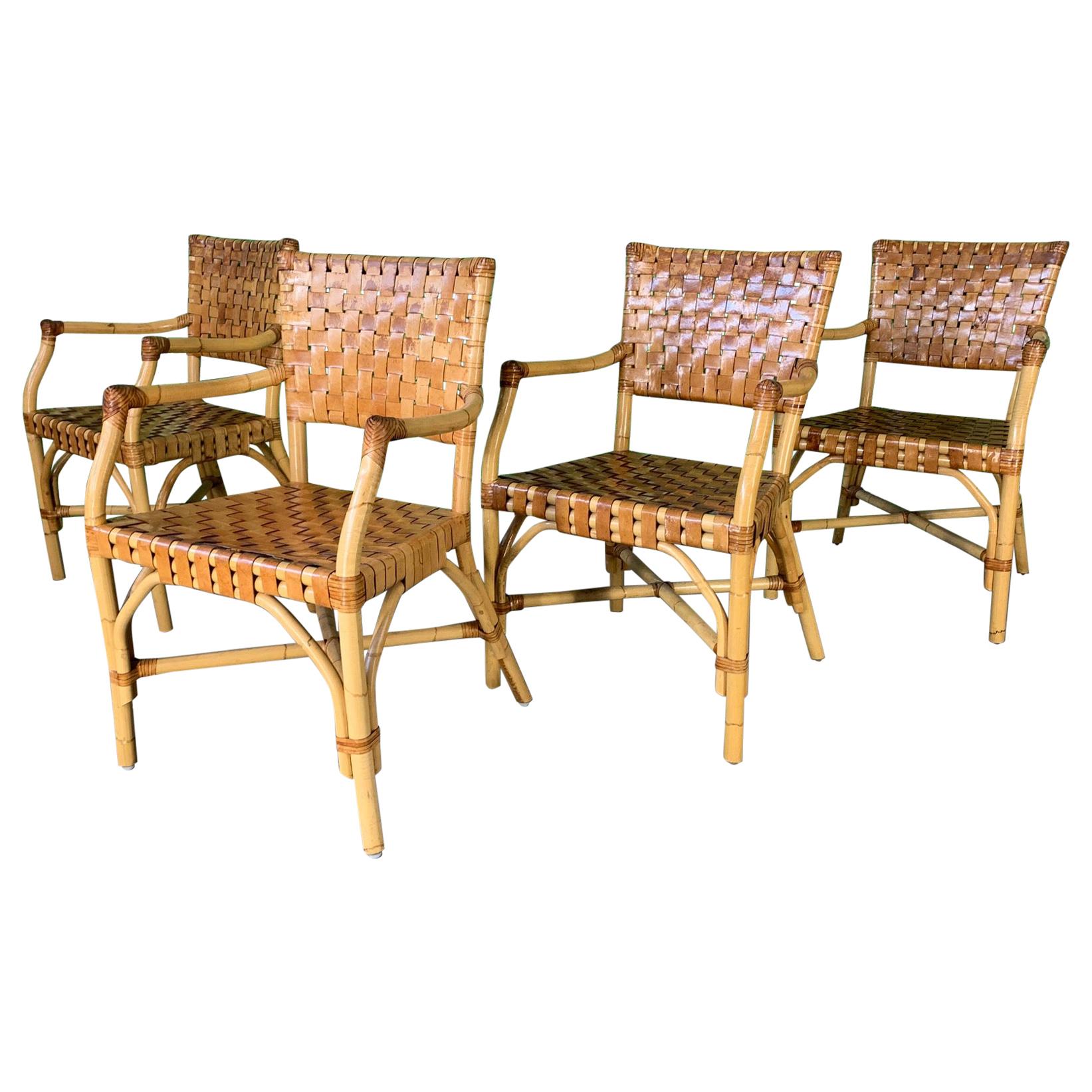 Bamboo and Leather Dining Chairs by McGuire