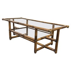 Bamboo and Leather Glass Top Cocktail Table by McGuire