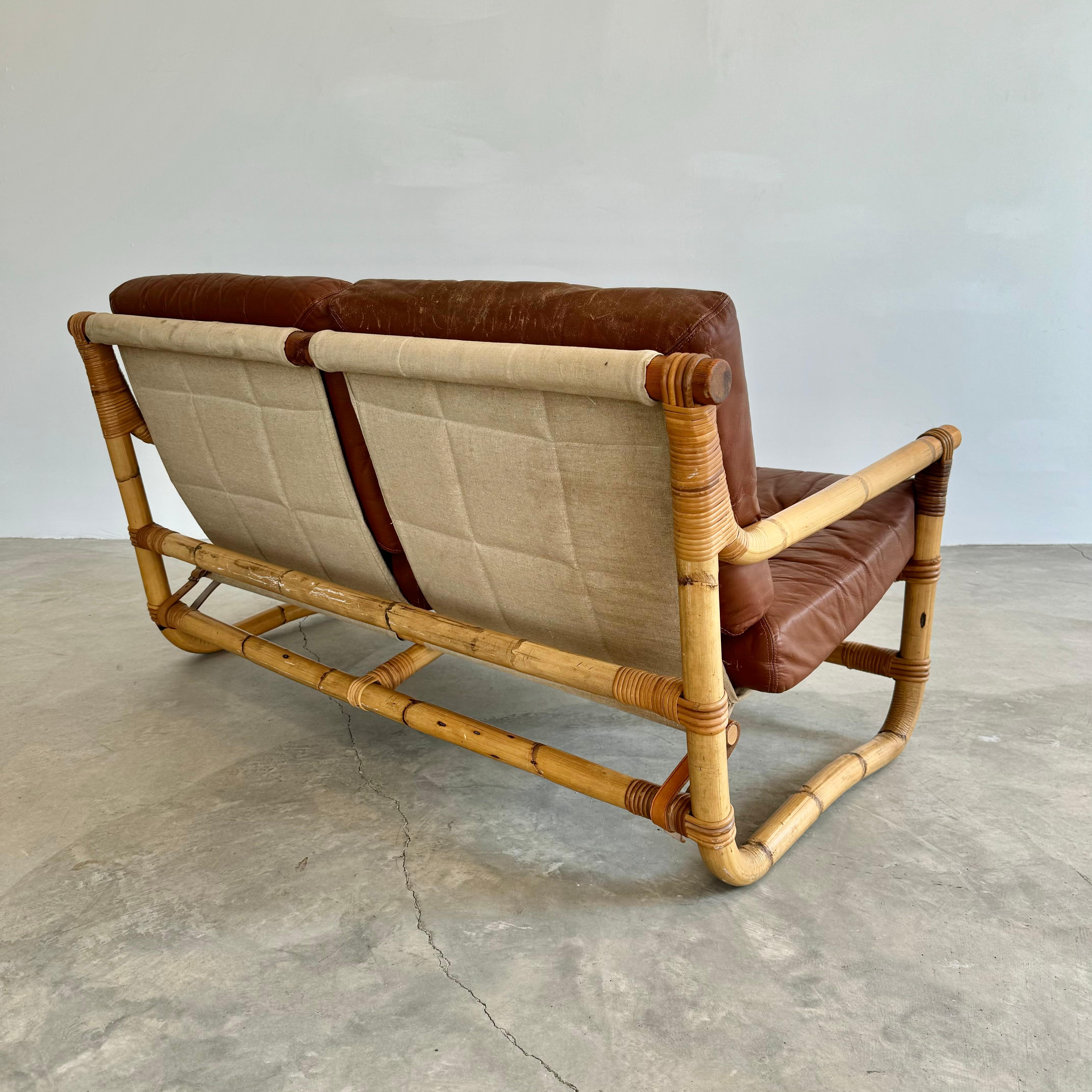 Bamboo and Leather Sofa, 1970s Denmark For Sale 7