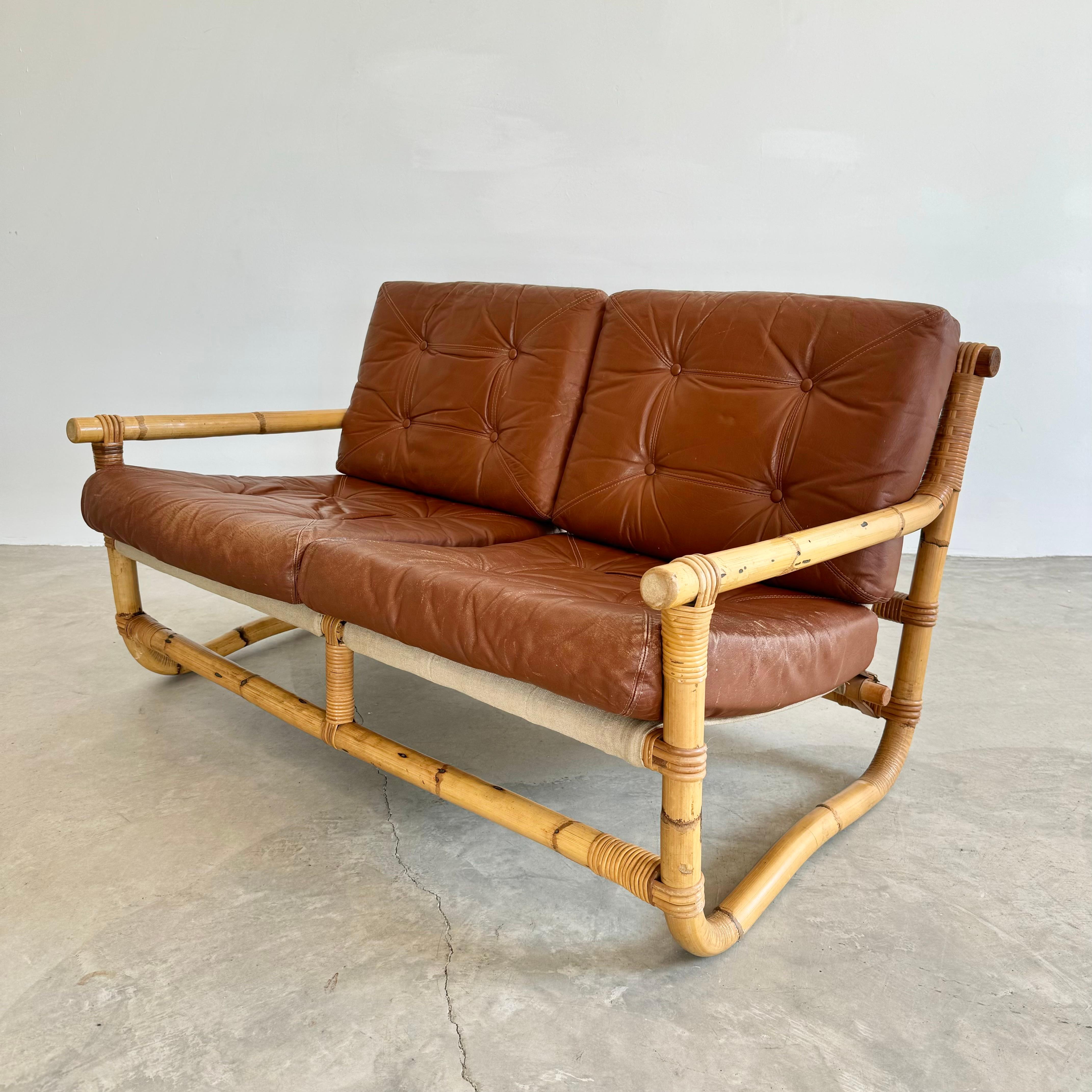 Bamboo and Leather Sofa, 1970s Denmark For Sale 9