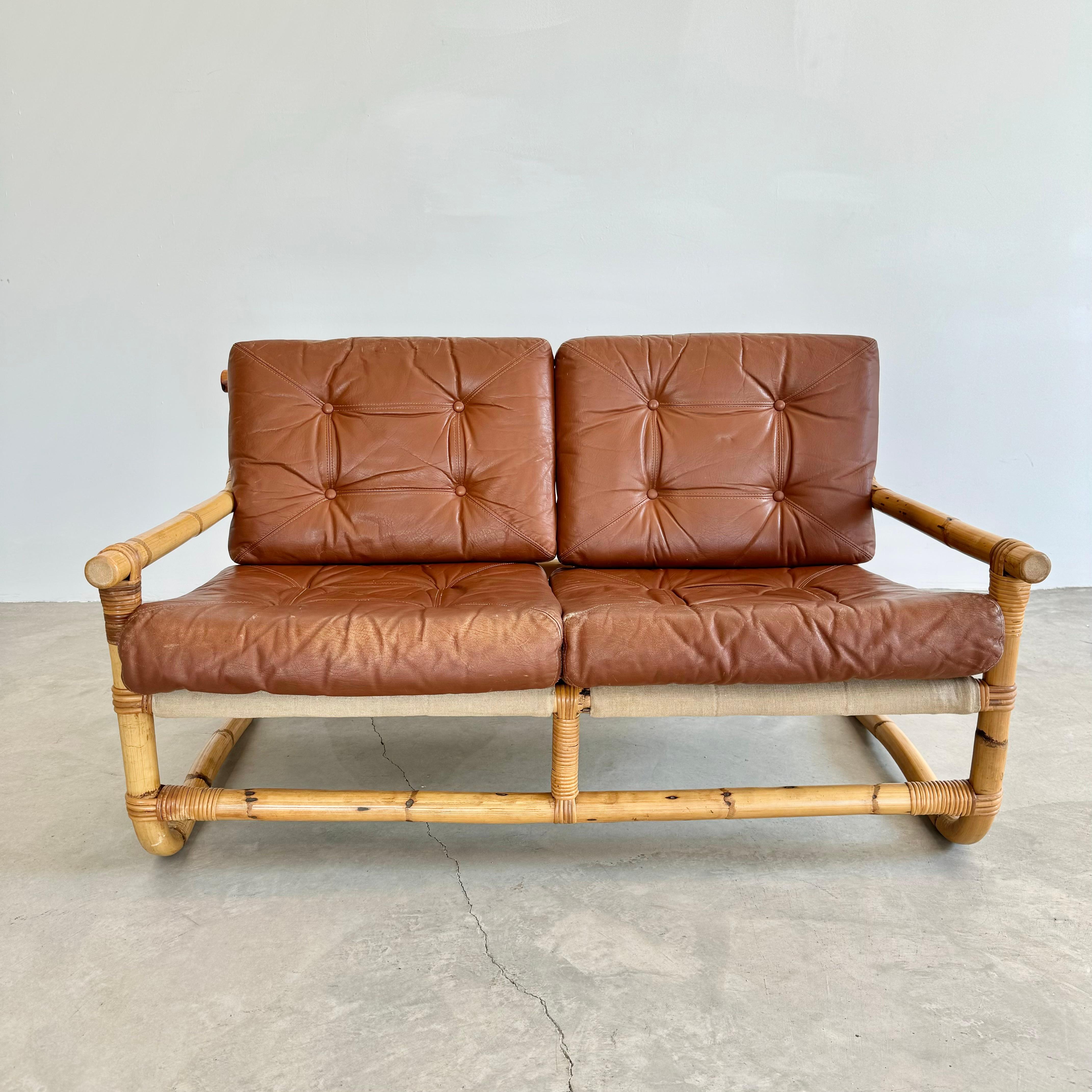 Bamboo and Leather Sofa, 1970s Denmark For Sale 10