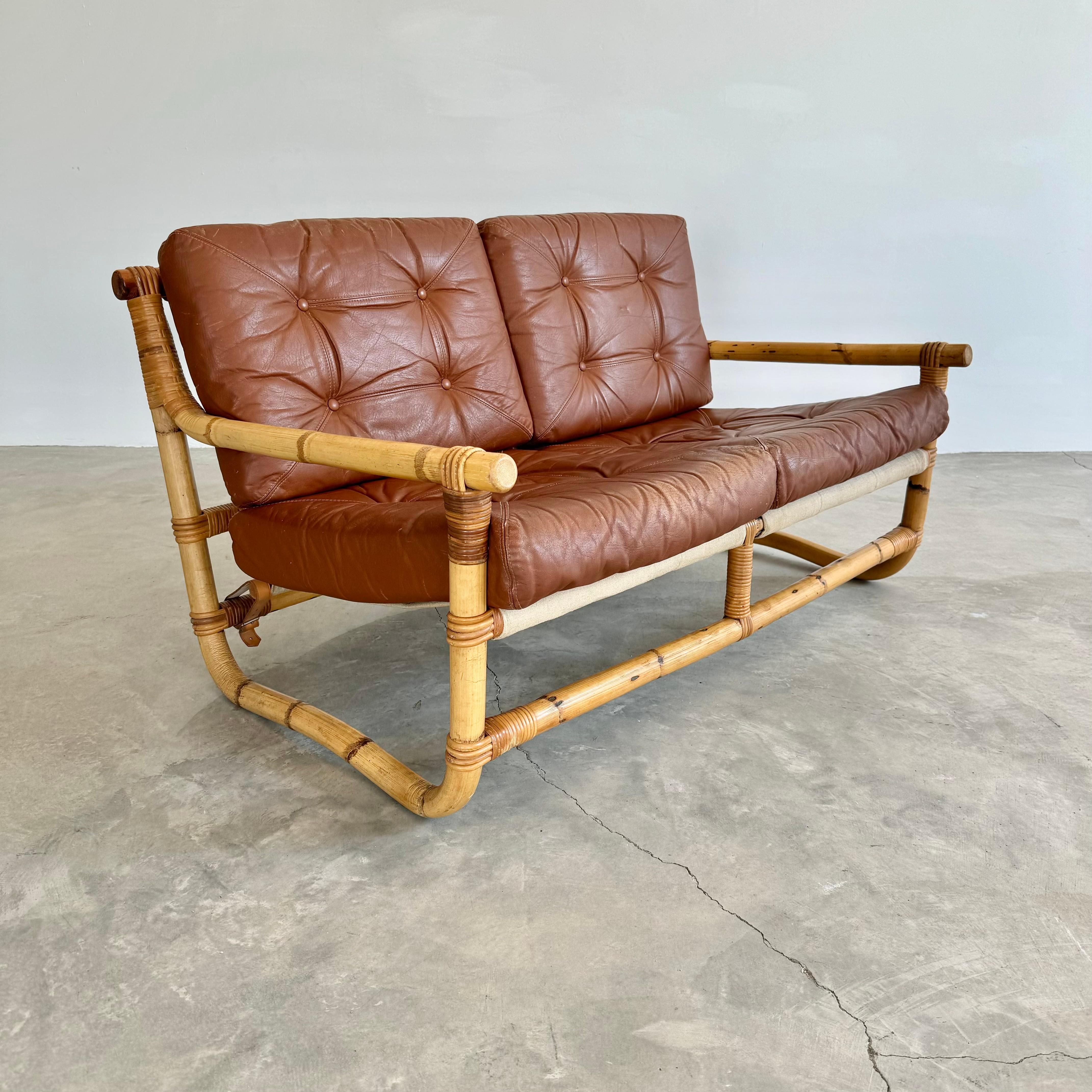 American Bamboo and Leather Sofa, 1970s Denmark For Sale