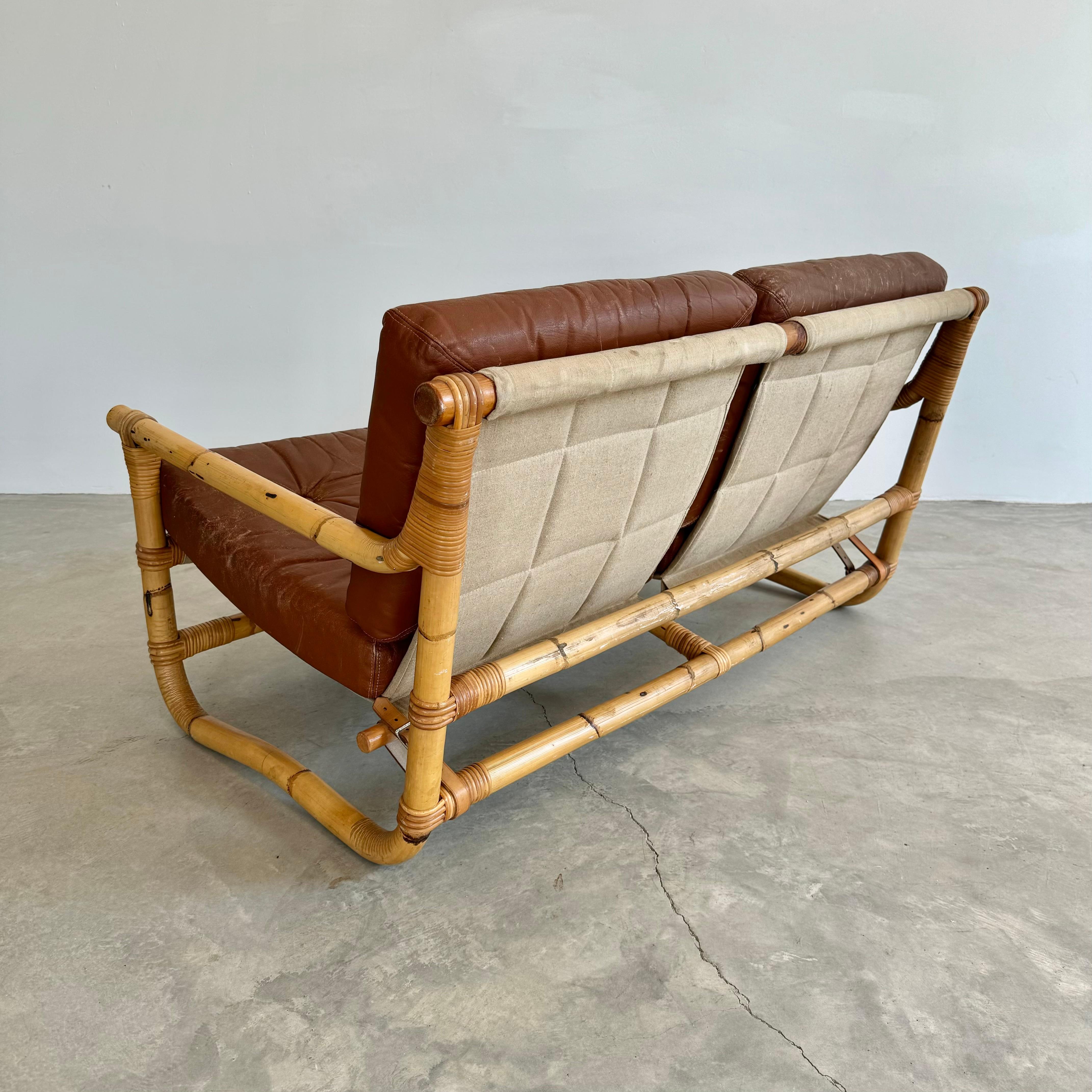 Bamboo and Leather Sofa, 1970s Denmark In Good Condition For Sale In Los Angeles, CA