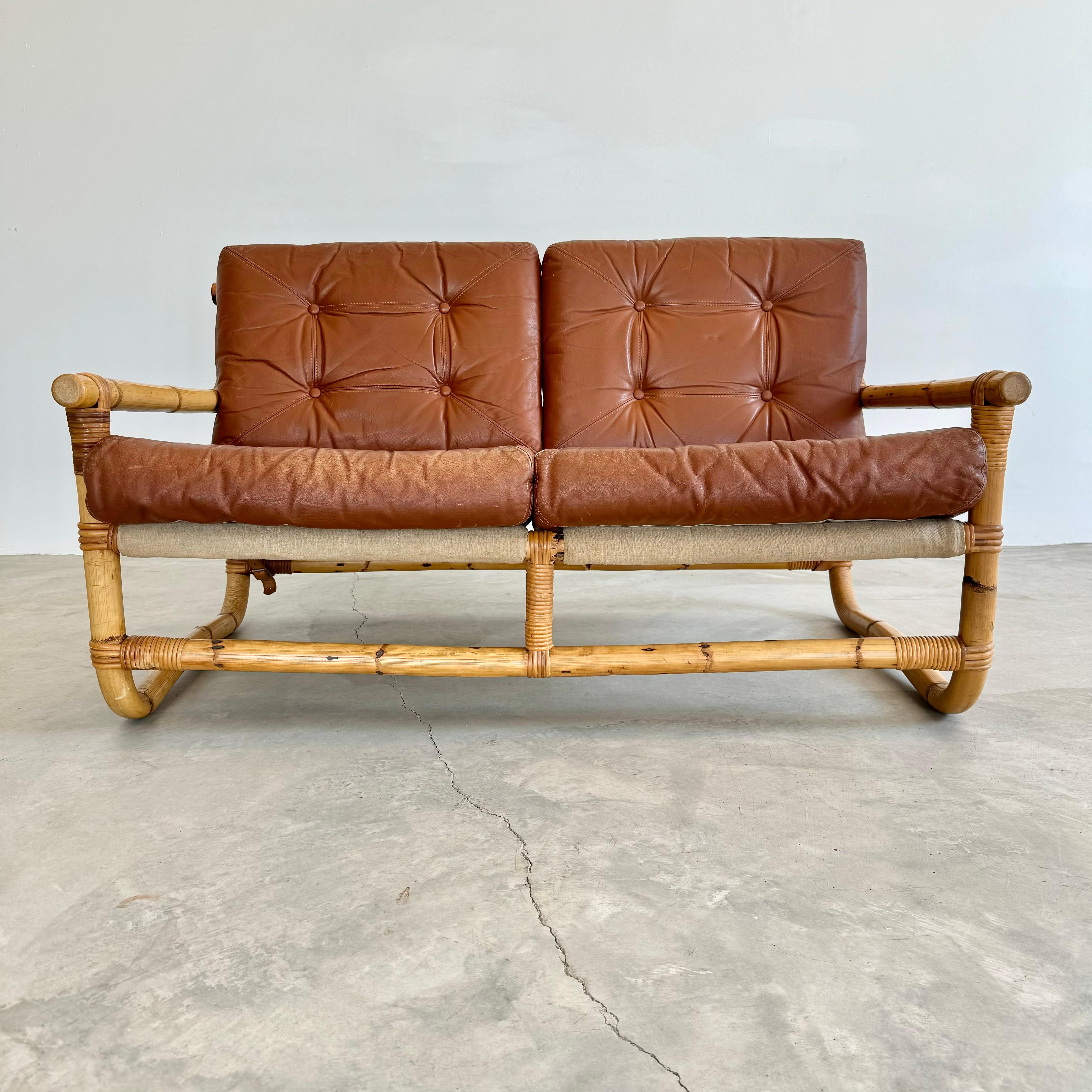 Bamboo and Leather Sofa, 1970s Denmark For Sale 1