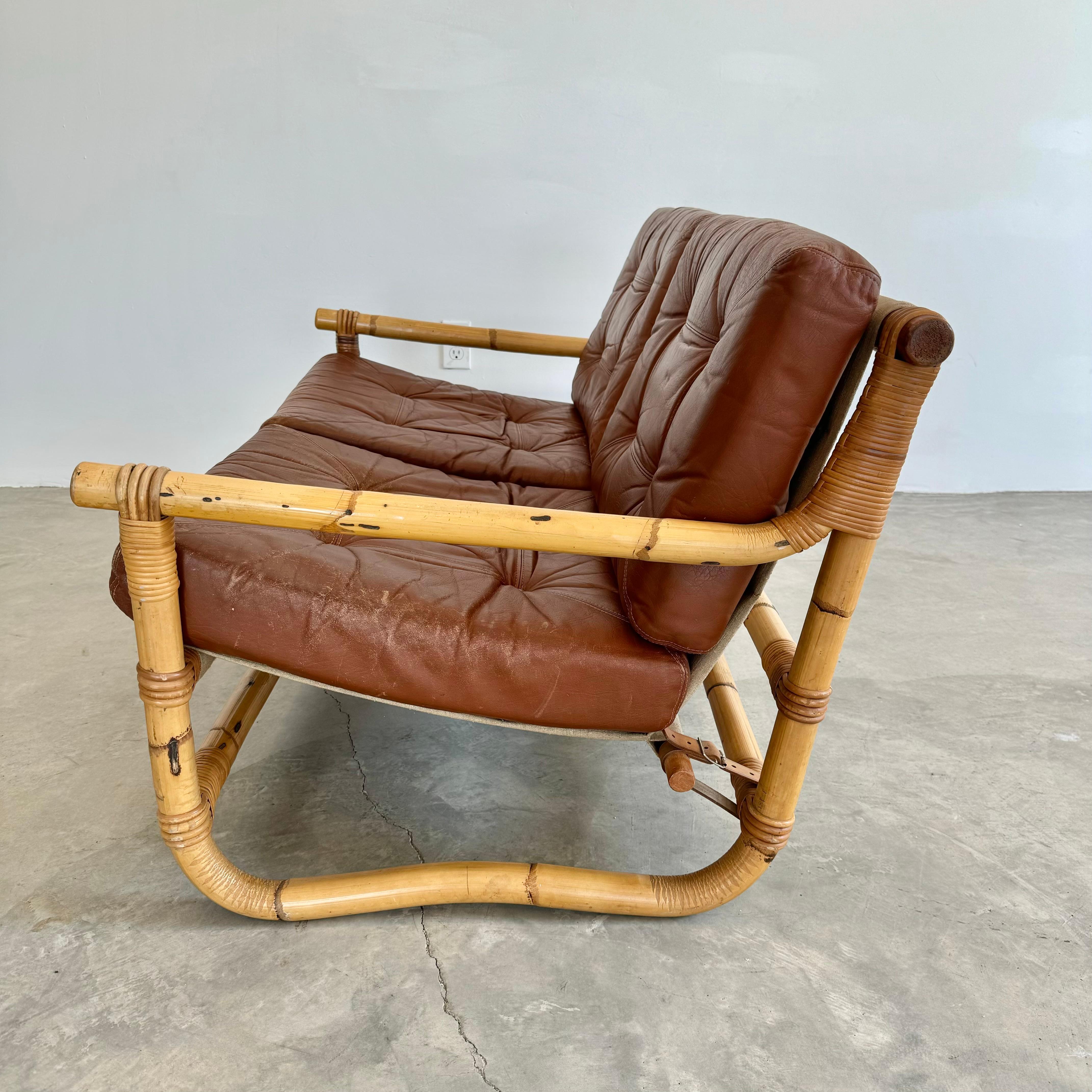 Bamboo and Leather Sofa, 1970s Denmark For Sale 2