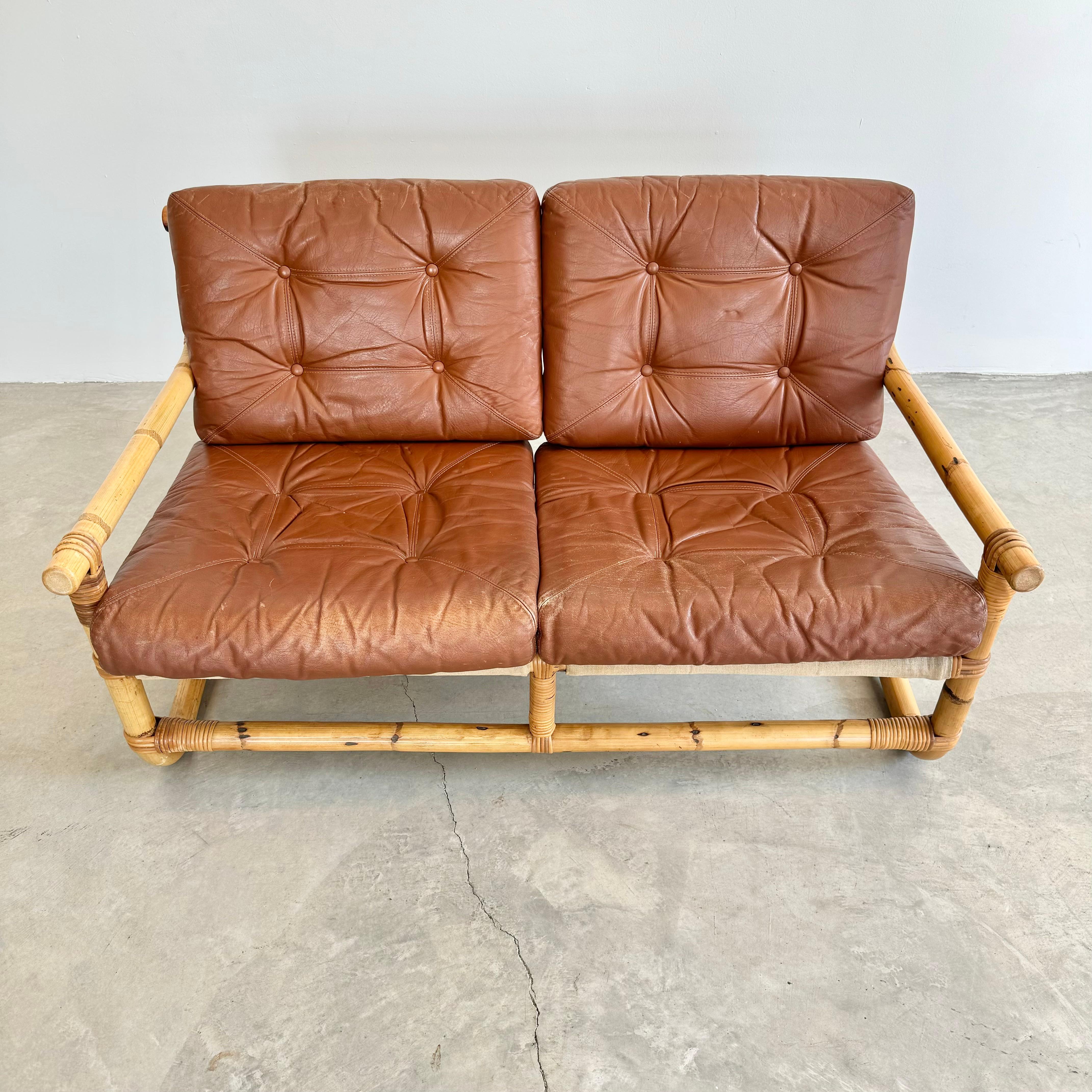 Bamboo and Leather Sofa, 1970s Denmark For Sale 3