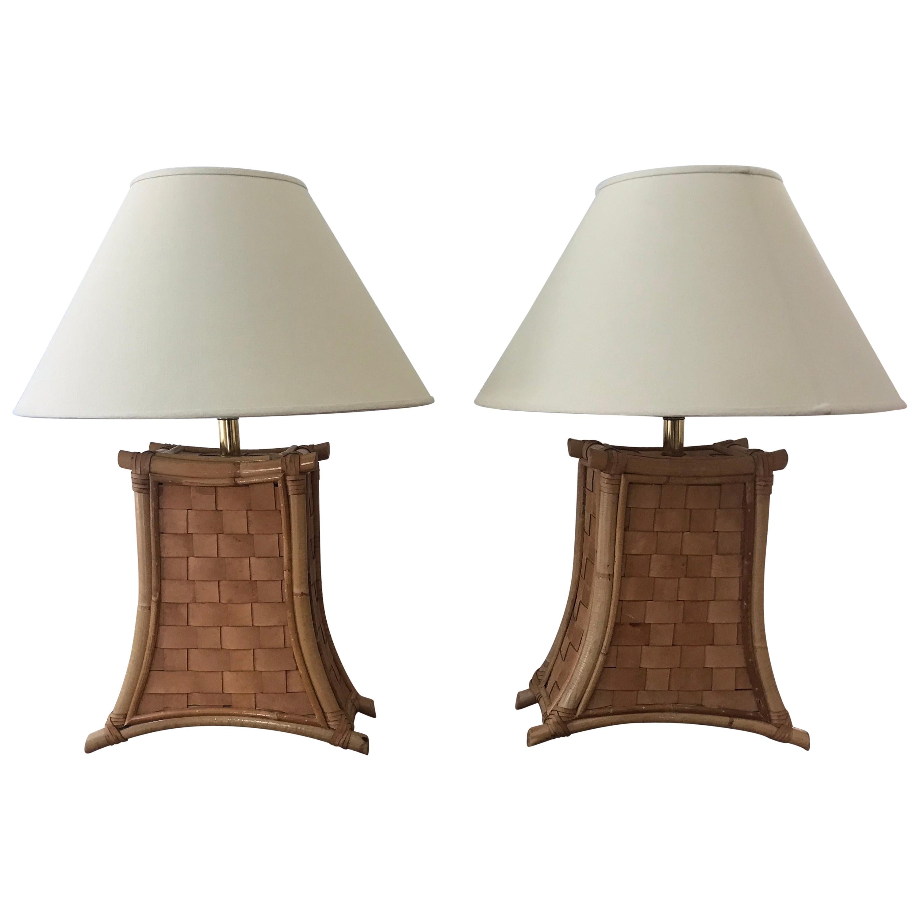 Bamboo and Leather Strap Lamps For Sale
