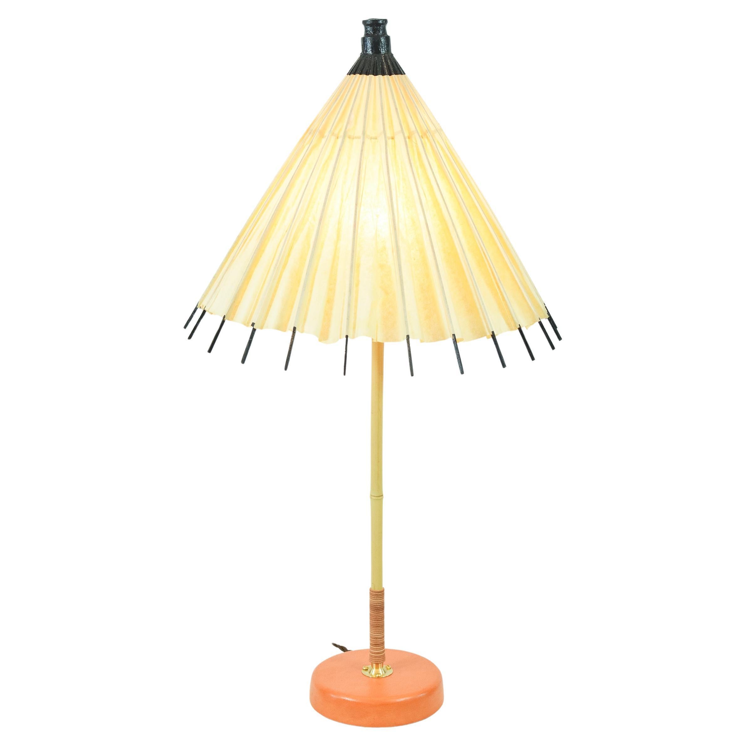 Bamboo and Leather Table Lamp with Vintage Japanese Parasol Shade [In Stock]