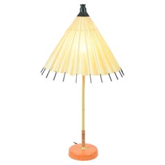 Bamboo and Leather Table Lamp with Vintage Japanese Parasol Shade [In Stock]