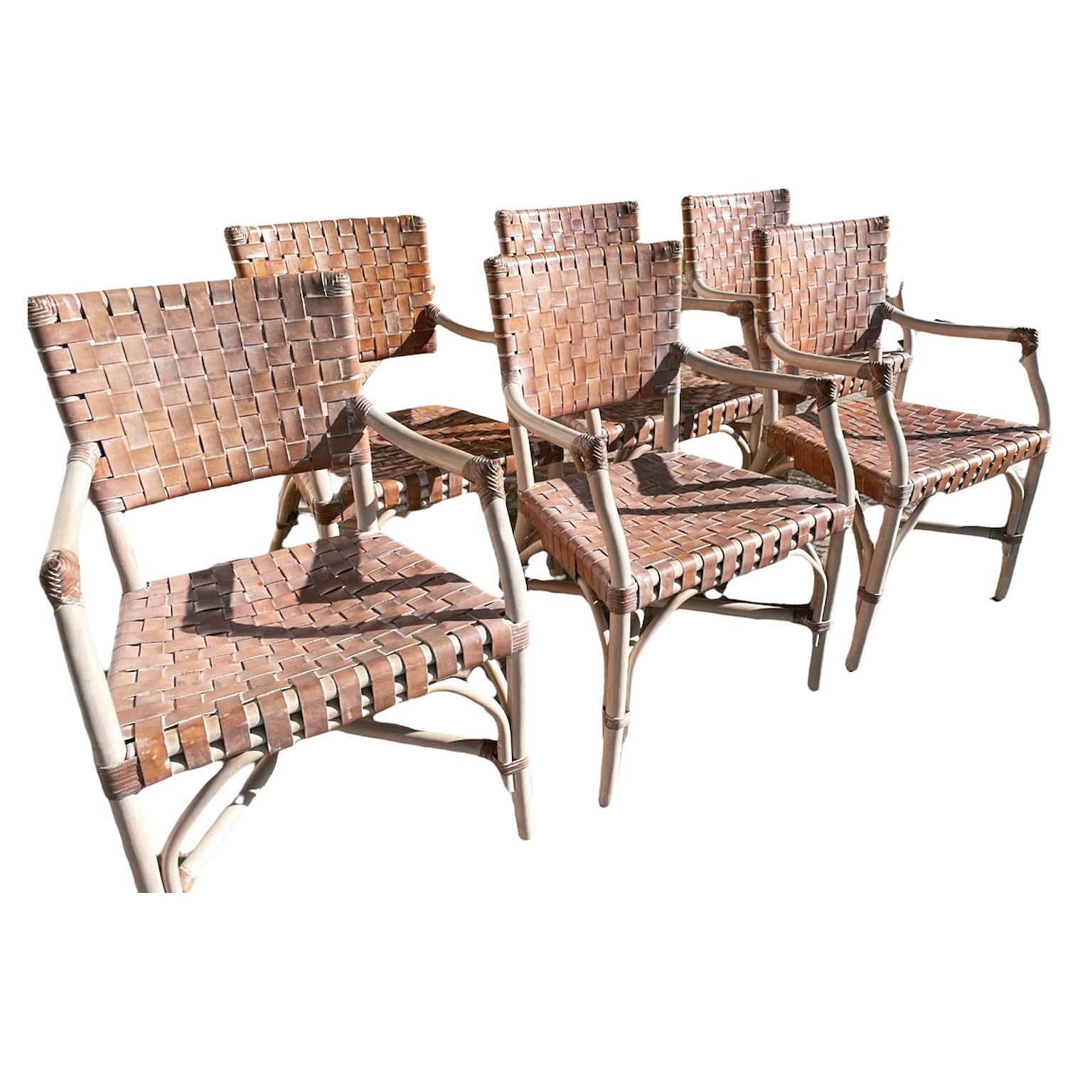 White washed bamboo with woven leather in style of Mcquire. Very cool directors style armchairs and very comfortable as well. Each piece is distressed with age and white wash with excellent joinery.