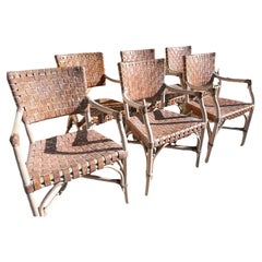 Bamboo and Leather Whitewashed Dining Arm Chairs Attributed to McGuire, Set of 6