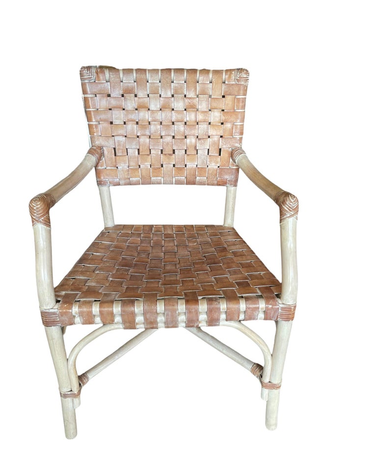 Bamboo and Leather Whitewashed Dining Arm Chairs Attributed to McGuire, Set of 6 at 1stDibs