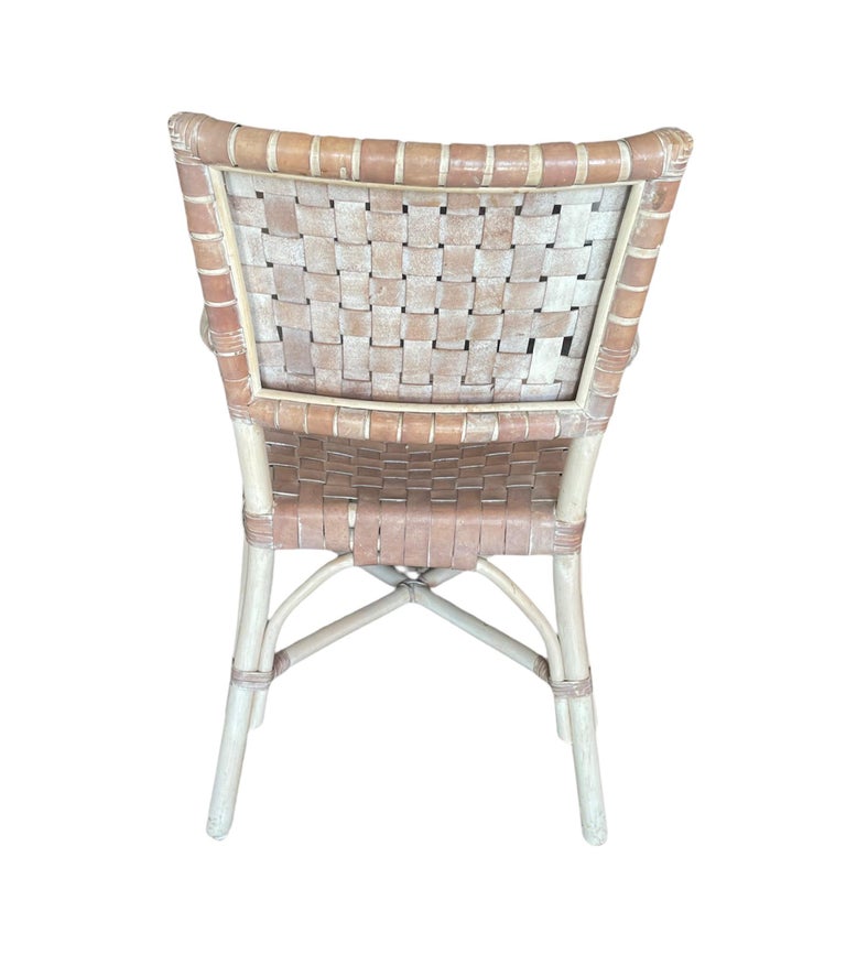 Bamboo and Leather Whitewashed Dining Arm Chairs Attributed to McGuire, Set of 6 at 1stDibs