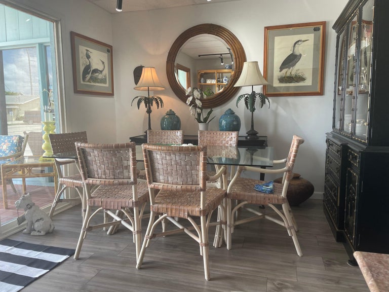 Bamboo and Leather Whitewashed Dining Arm Chairs Attributed to McGuire, Set of 6 at 1stDibs