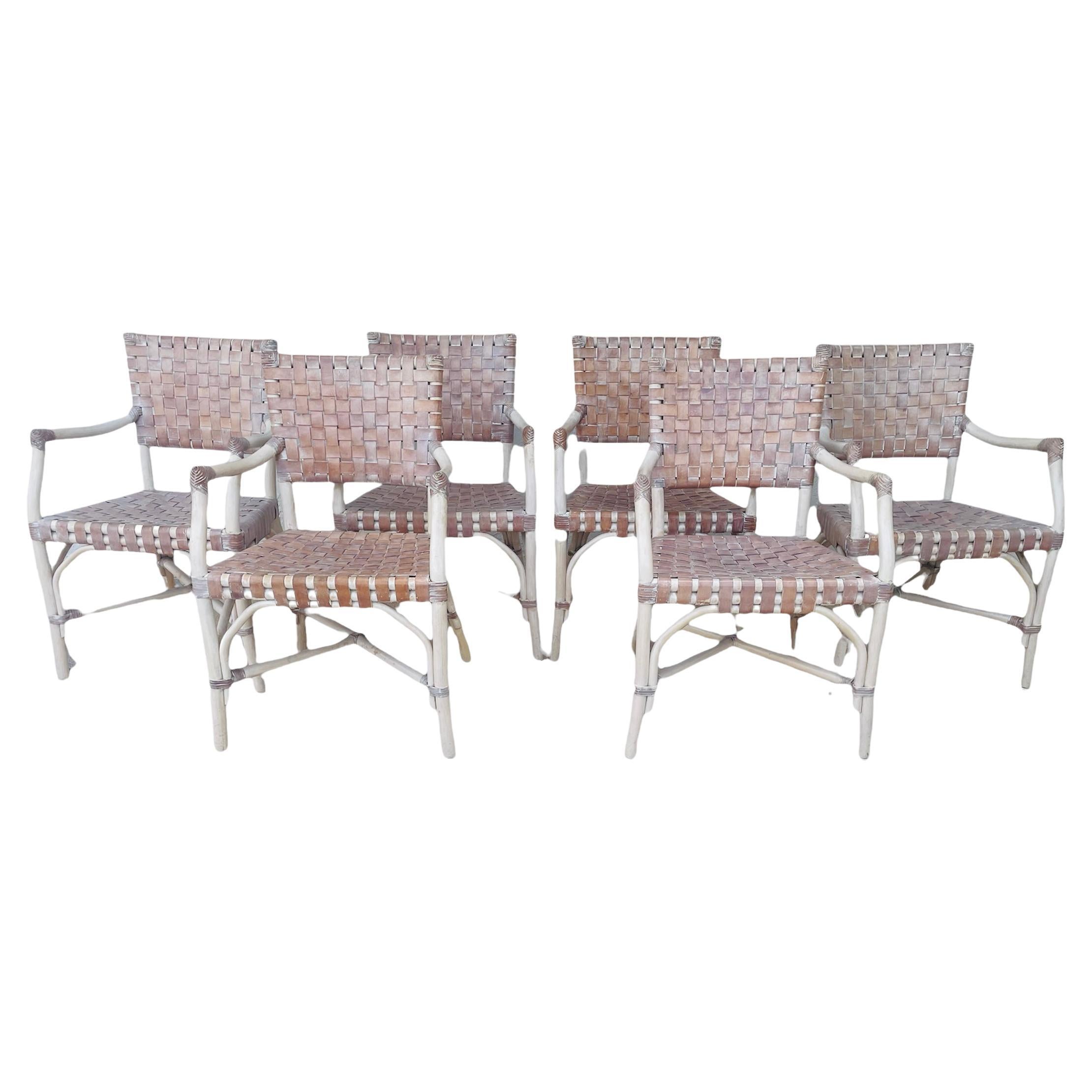 Bamboo and Leather Whitewashed Dining Arm Chairs Attributed to McGuire, Set of 6
