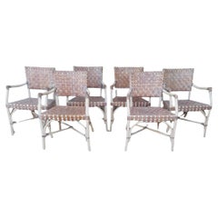 Antique Bamboo and Leather Whitewashed Dining Arm Chairs Attributed to McGuire, Set of 6