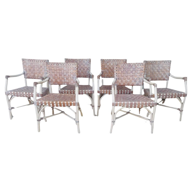 Bamboo and Leather Whitewashed Dining Arm Chairs Attributed to McGuire, Set of 6 at 1stDibs