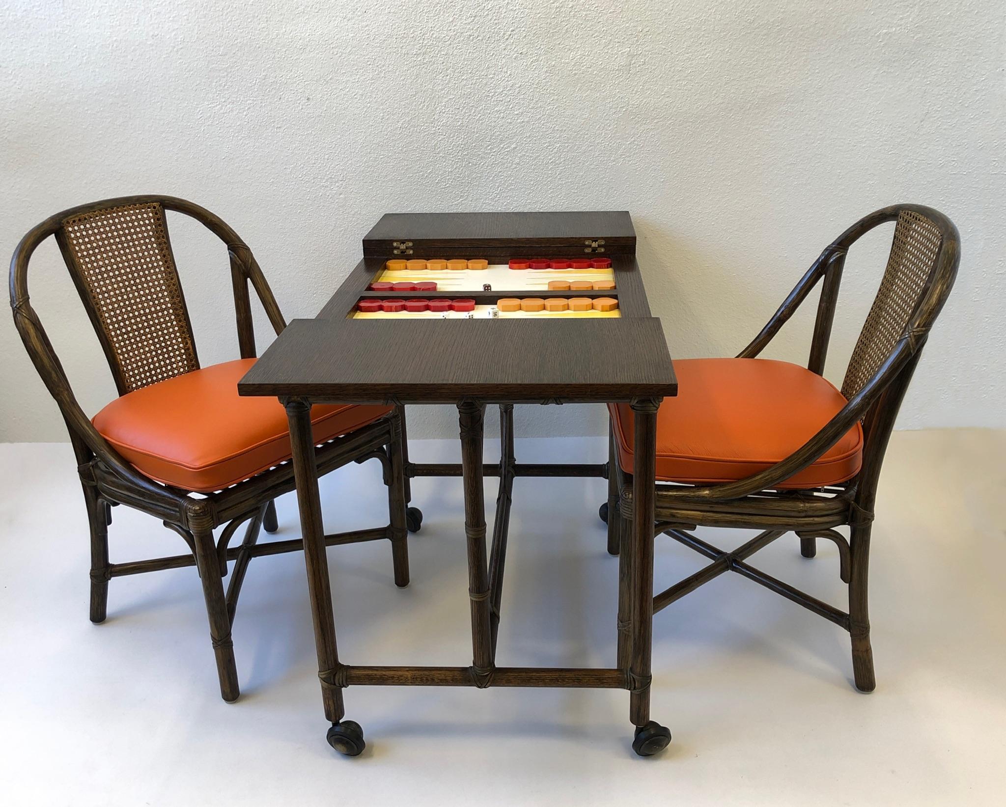 Bamboo and Oak Backgammon Game Table and Chairs by McGuire 11