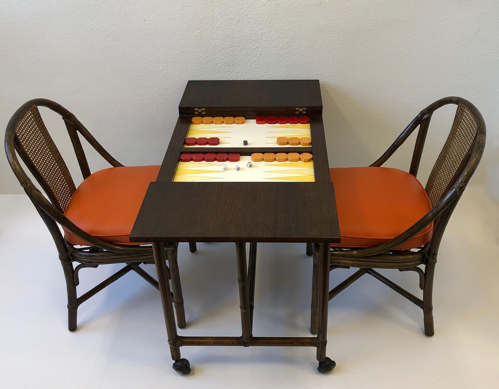 Hollywood Regency Bamboo and Oak Backgammon Game Table and Chairs by McGuire