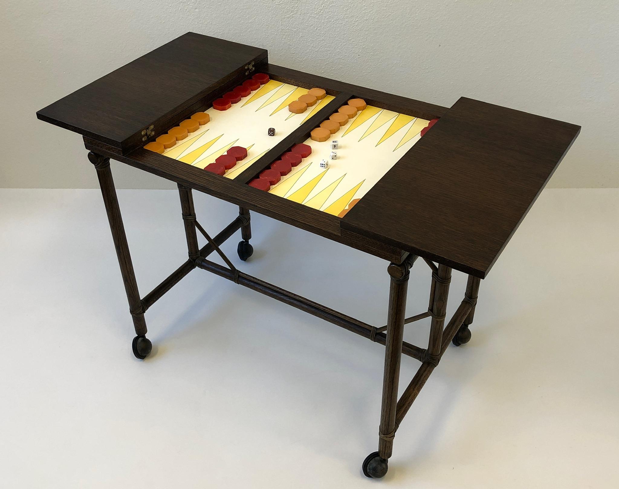 Mid-20th Century Bamboo and Oak Backgammon Game Table and Chairs by McGuire