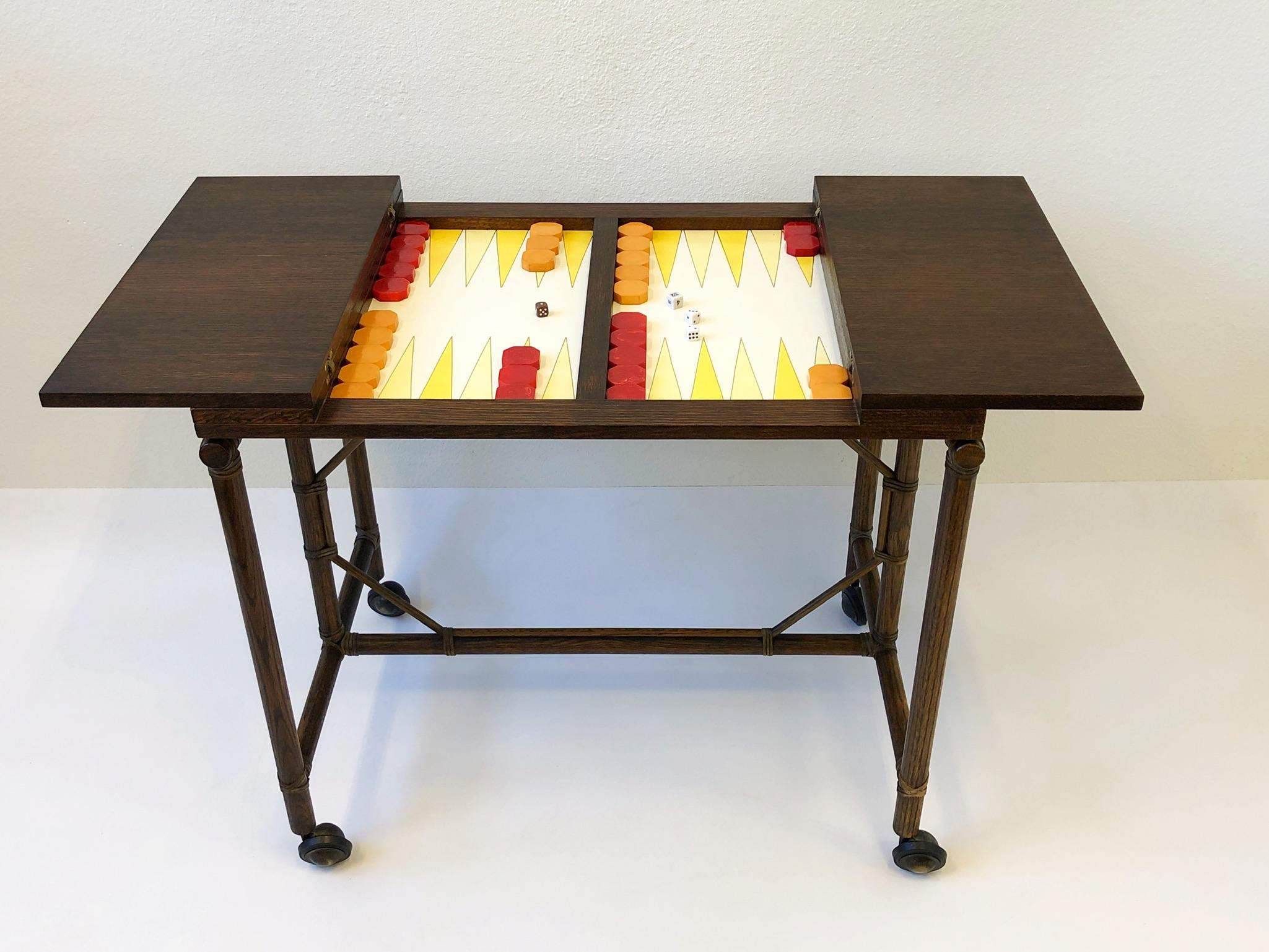 Leather Bamboo and Oak Backgammon Game Table and Chairs by McGuire