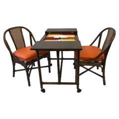 Table et chaises de jeu de backgammon en bambou et chêne par McGuire