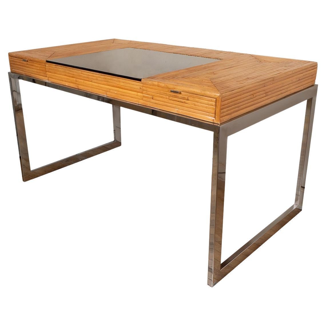 Schreibtisch aus Bambus und poliertem Nickel  im Angebot