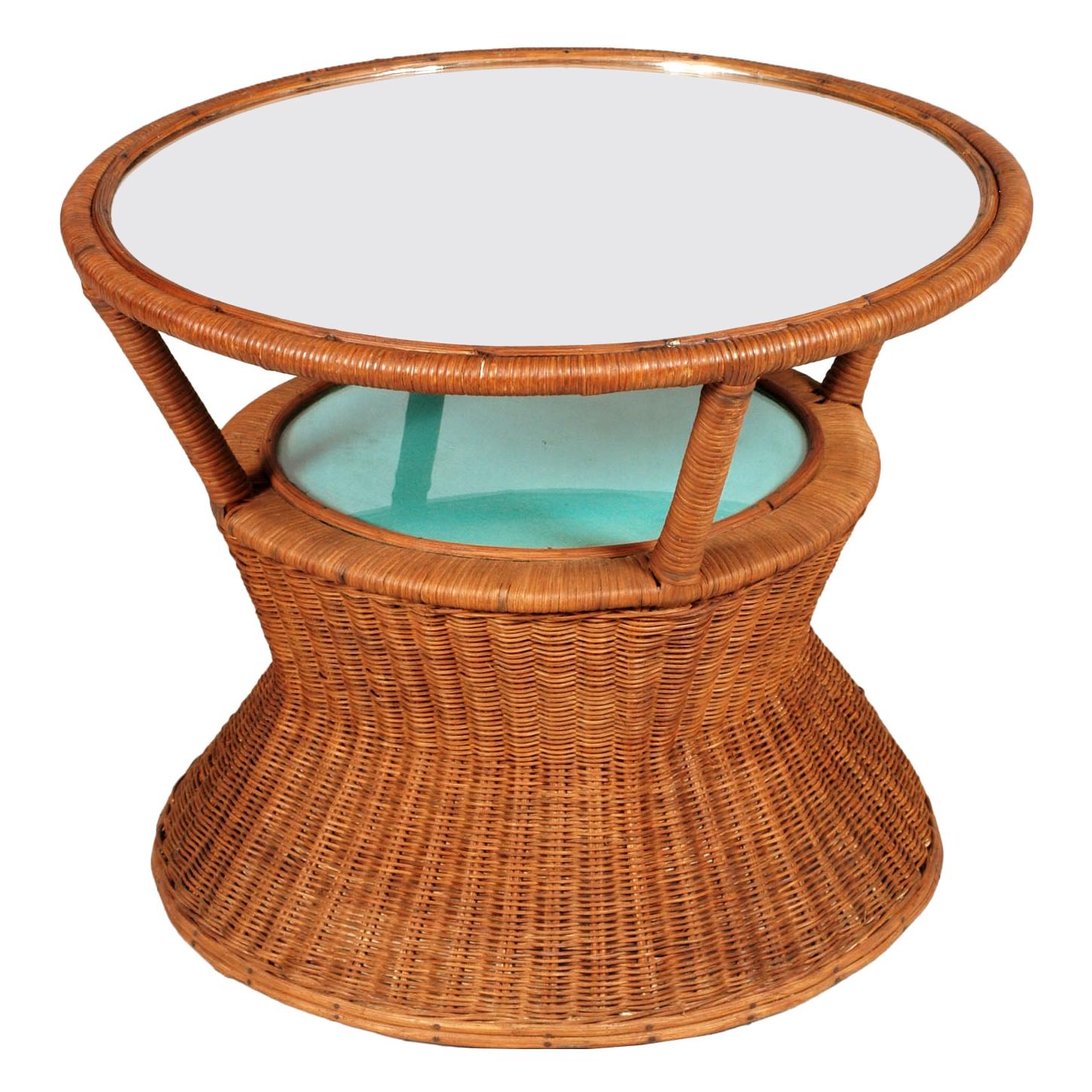 Bamboo and Raffia Coffee Table with Mirror, Franca Helg Franco Albini Style