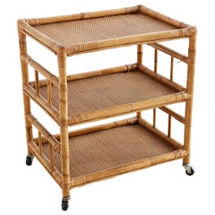 Bamboo and Raffia Rolling Three-Tier Serving Cart