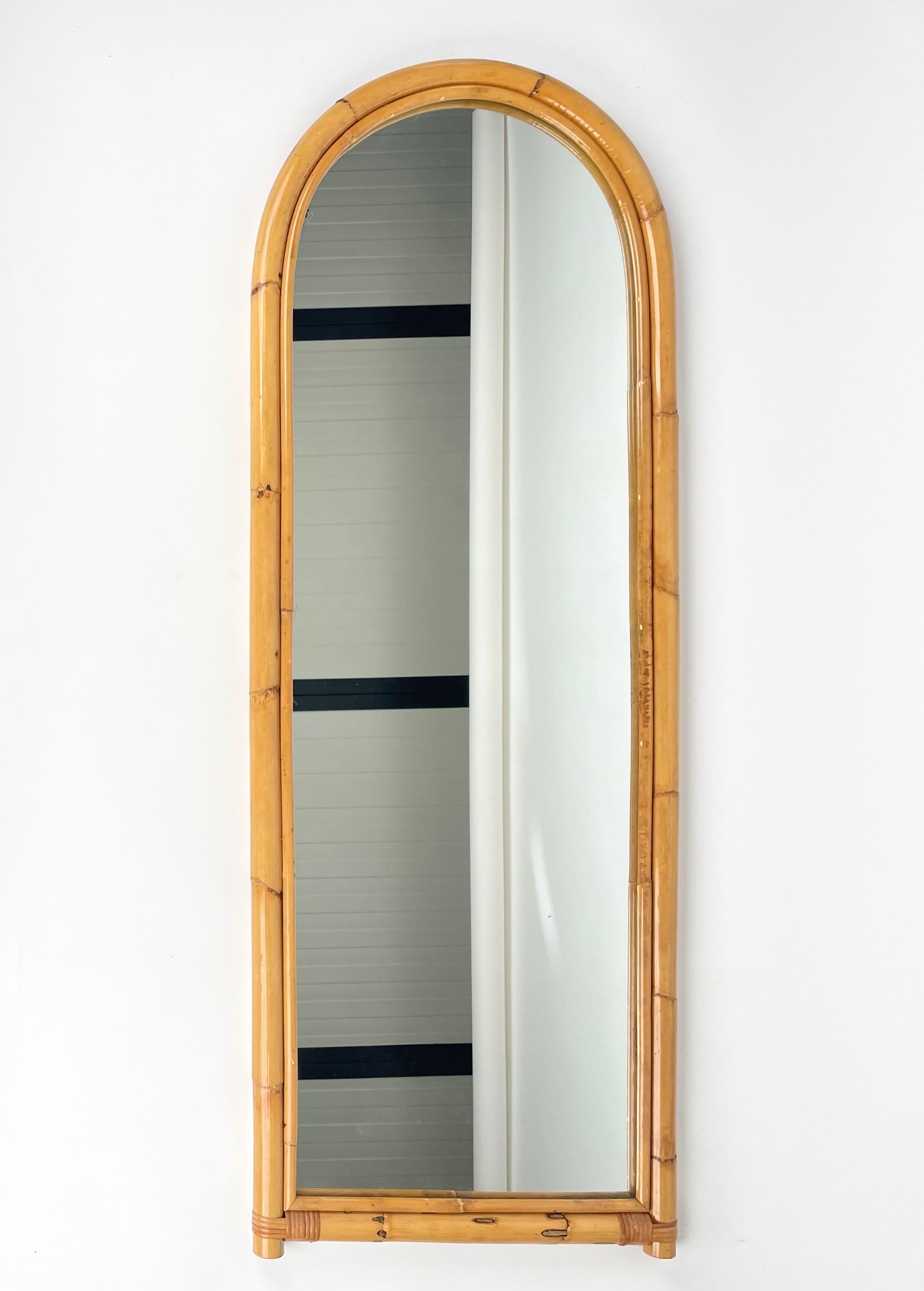 Mid-Century Modern Bamboo and Rattan Arched Wall Mirror, Italy, 1970s For Sale