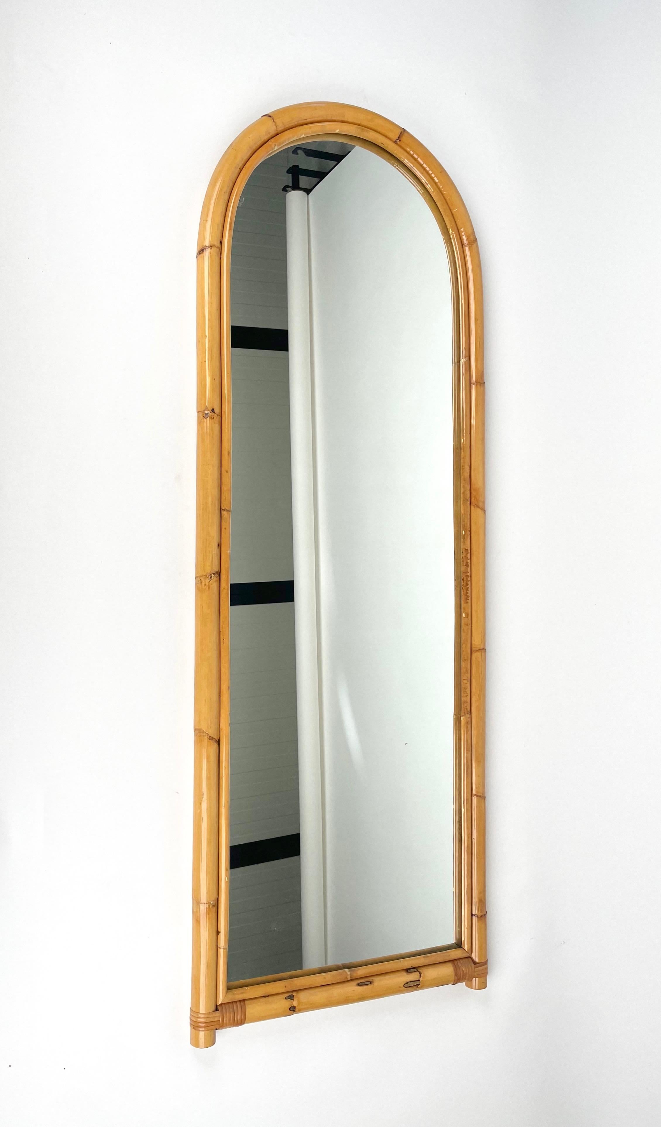 Italian Bamboo and Rattan Arched Wall Mirror, Italy, 1970s For Sale