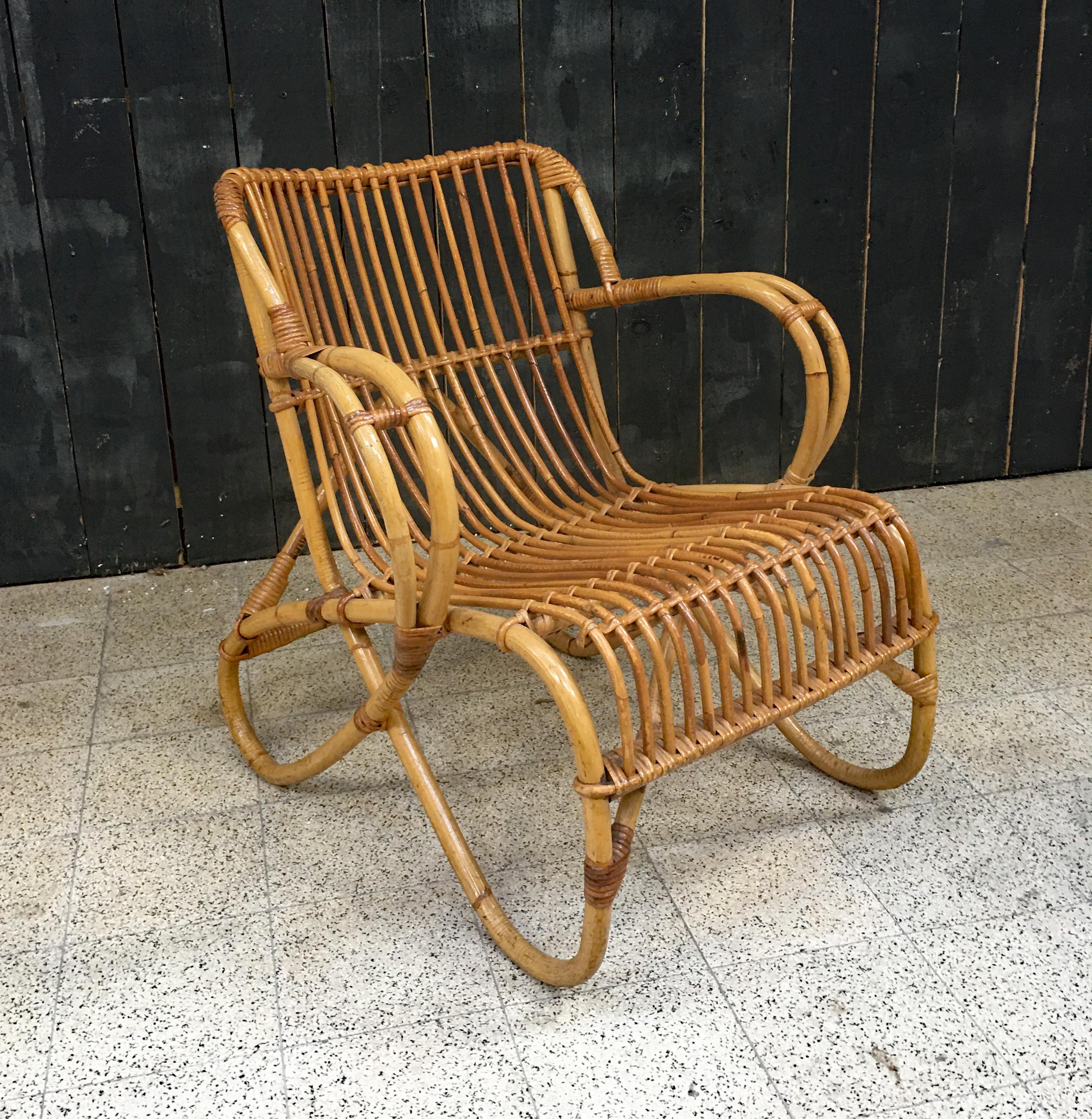 Mid-Century moderno Poltrona in bambù e rattan, 1970 circa in vendita