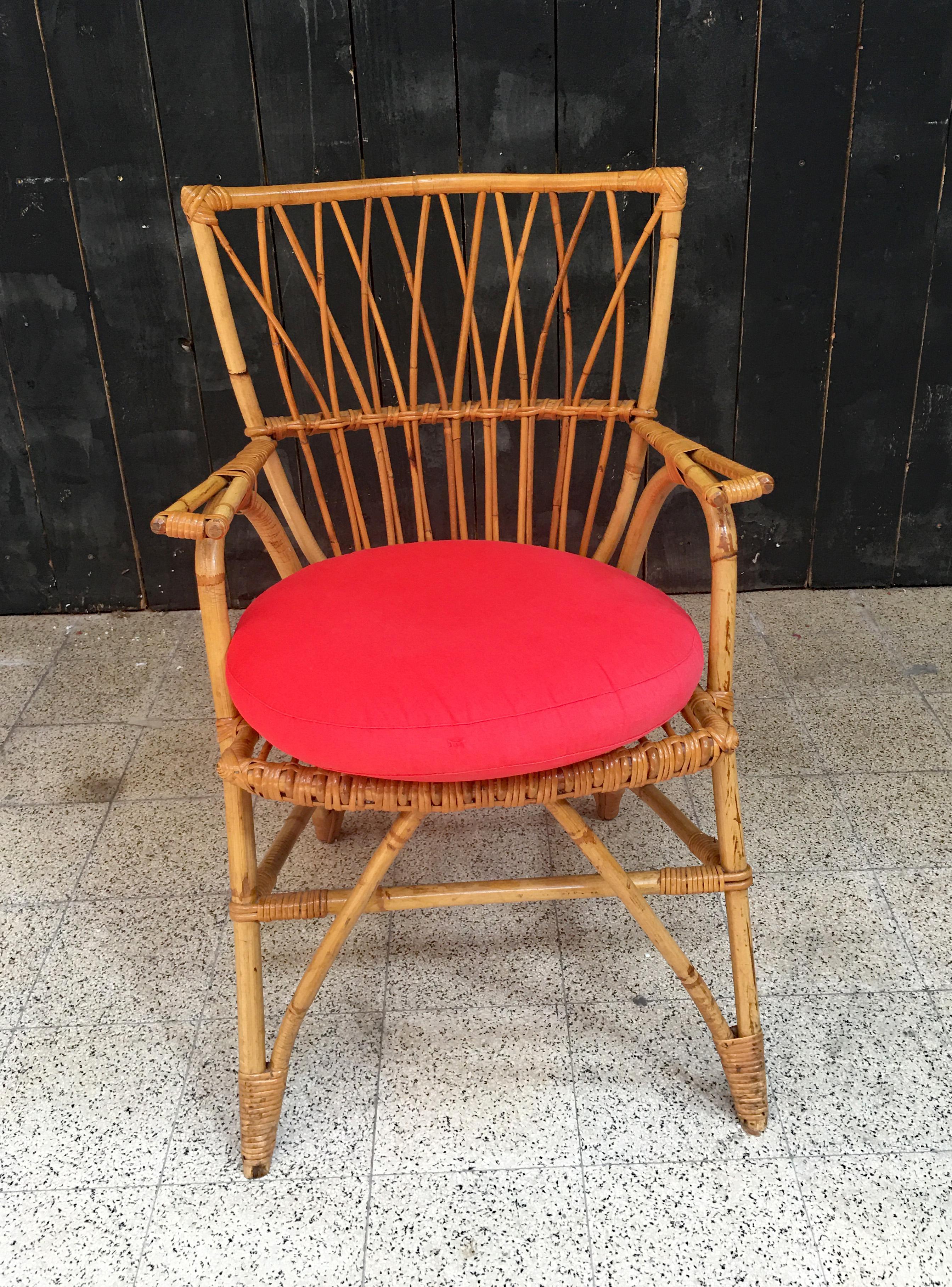 French  Bamboo and Rattan Armchair, circa 1970 For Sale