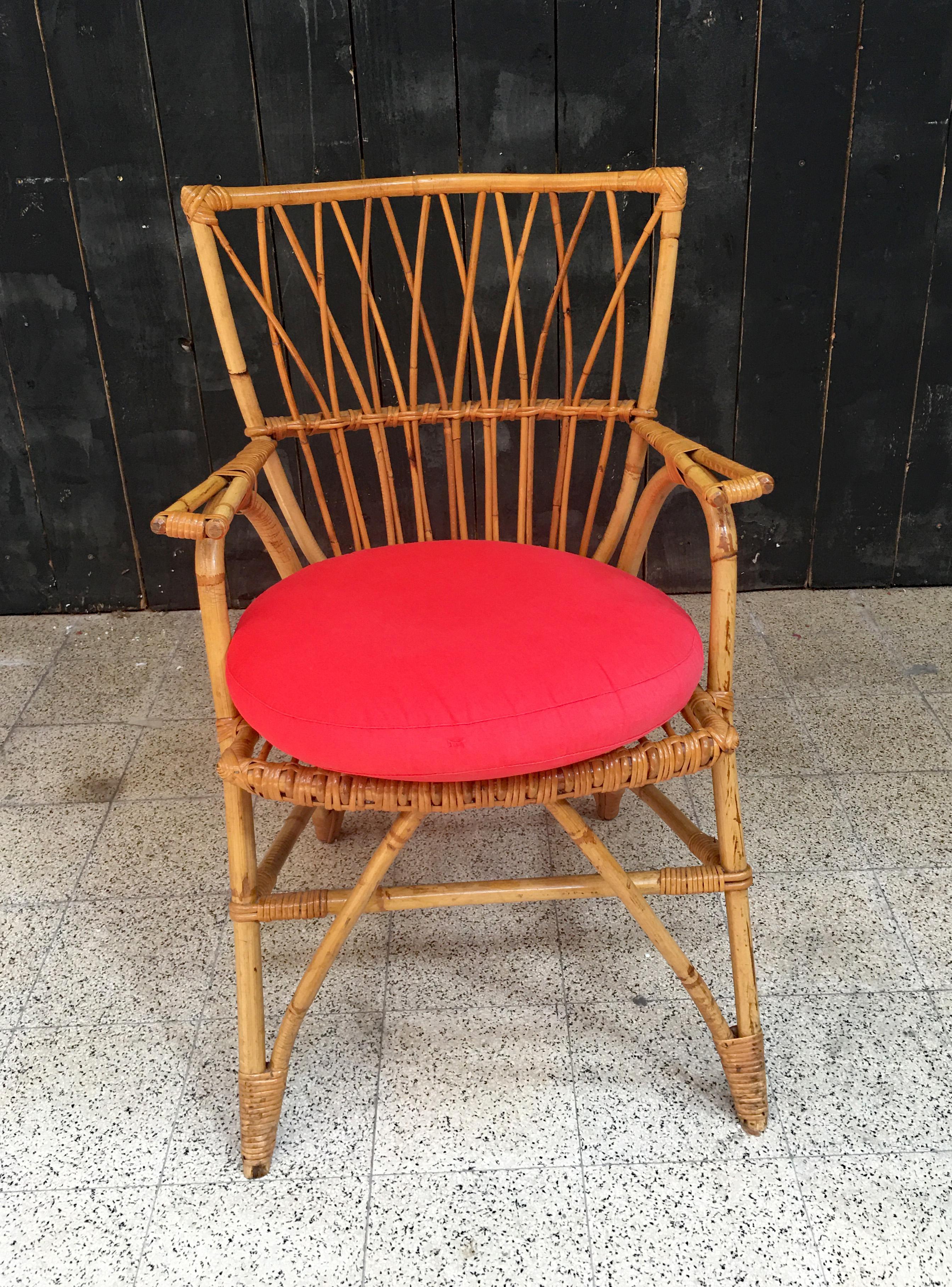 Francese Poltrona in bambù e rattan, 1970 circa in vendita
