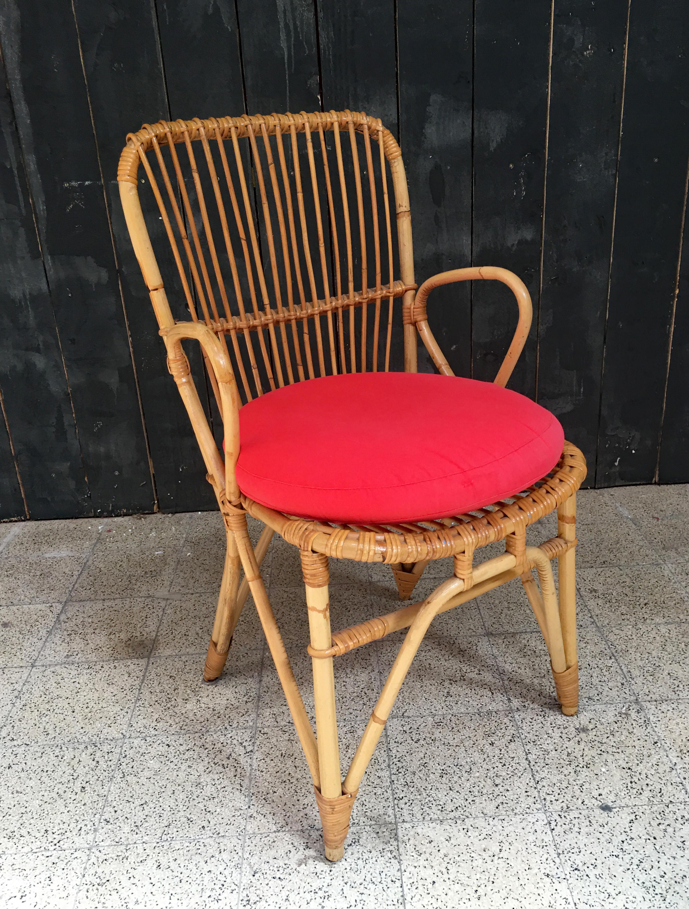 French  Bamboo and Rattan Armchair, circa 1970 For Sale