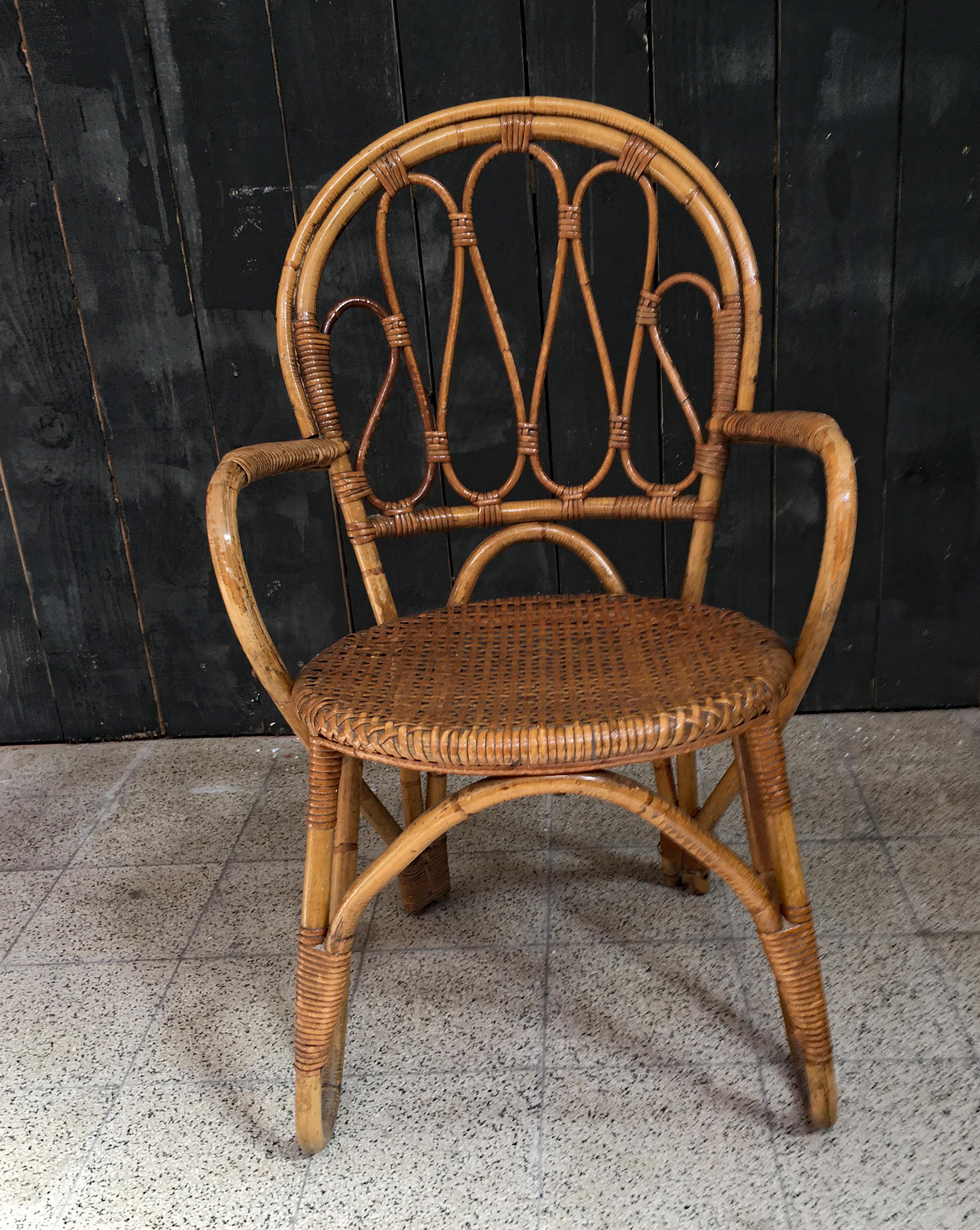 Francese Poltrona in bambù e rattan, 1970 circa in vendita