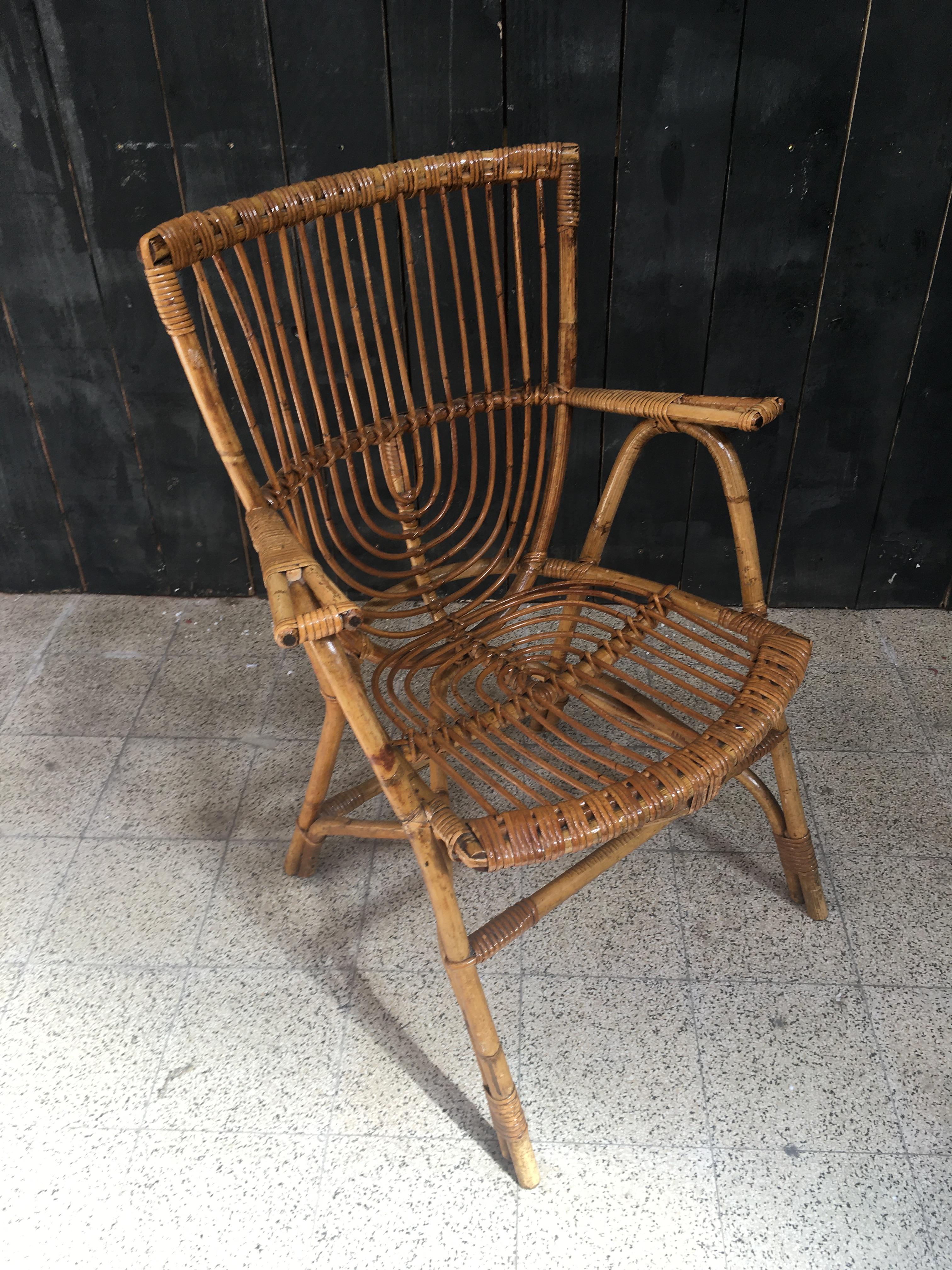 French Bamboo and Rattan Armchair, circa 1970 For Sale