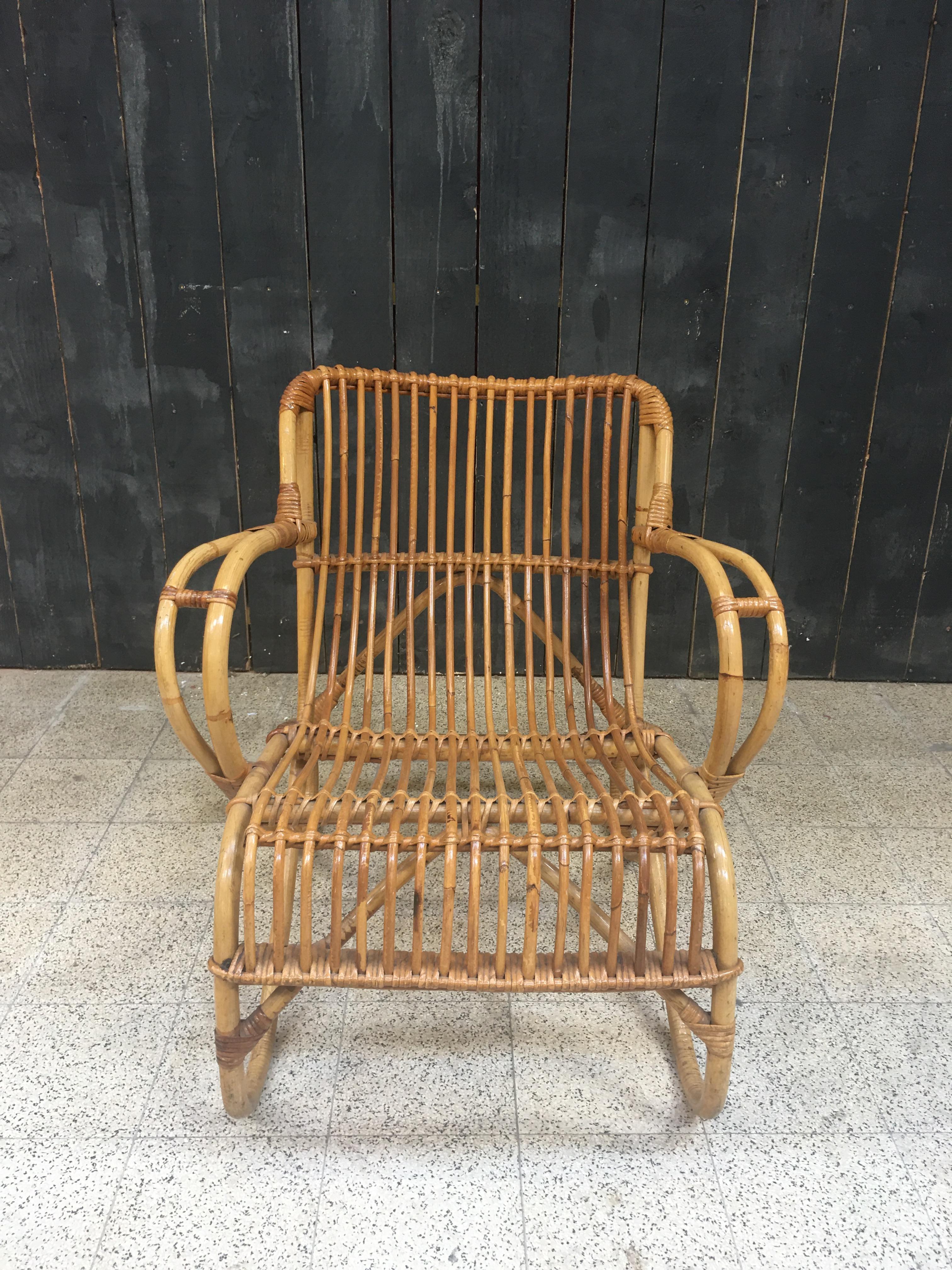 Bamboo and Rattan Armchair, circa 1970 In Good Condition For Sale In Saint-Ouen, FR