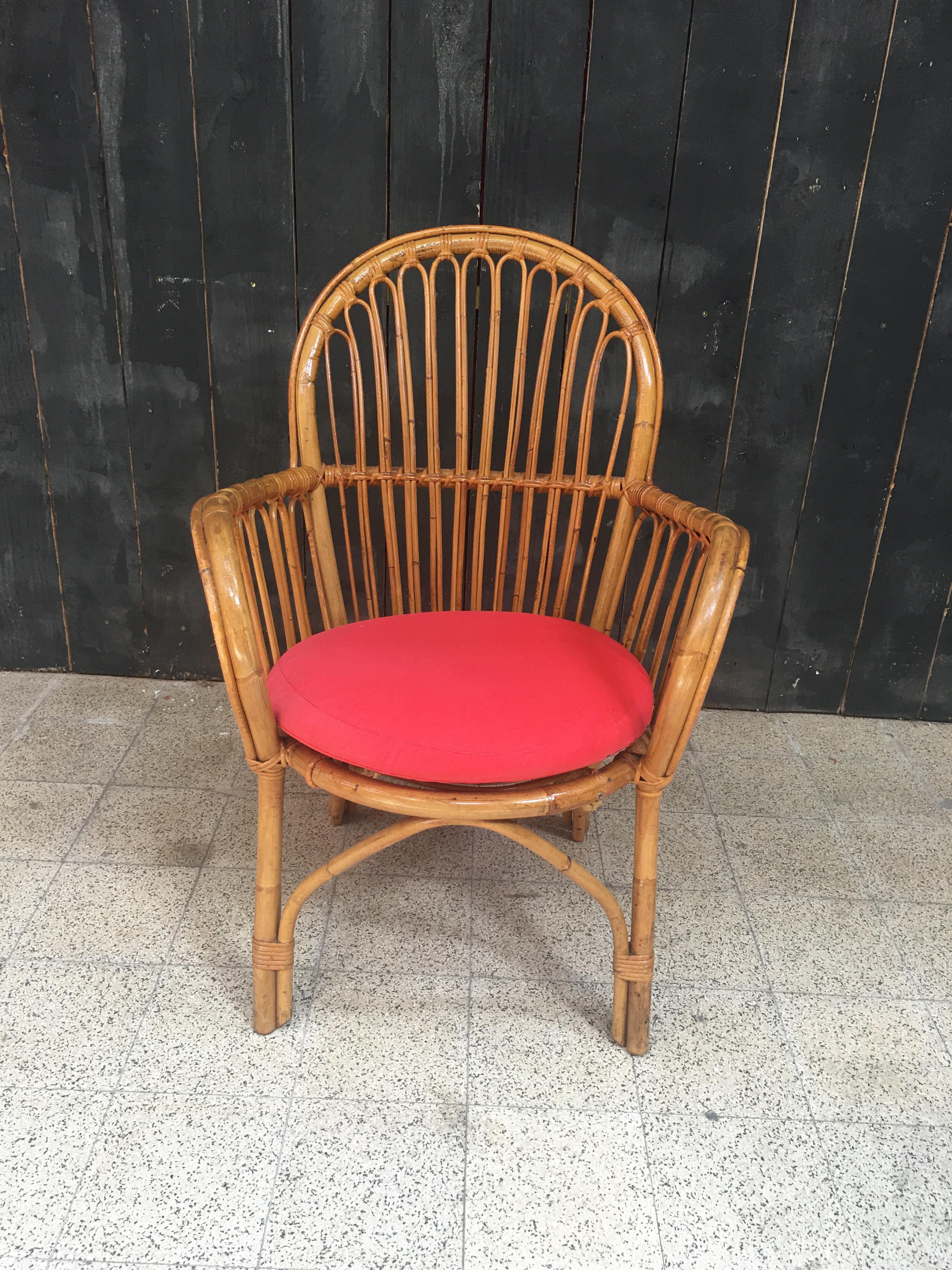 French  Bamboo and Rattan Armchair, circa 1970 For Sale