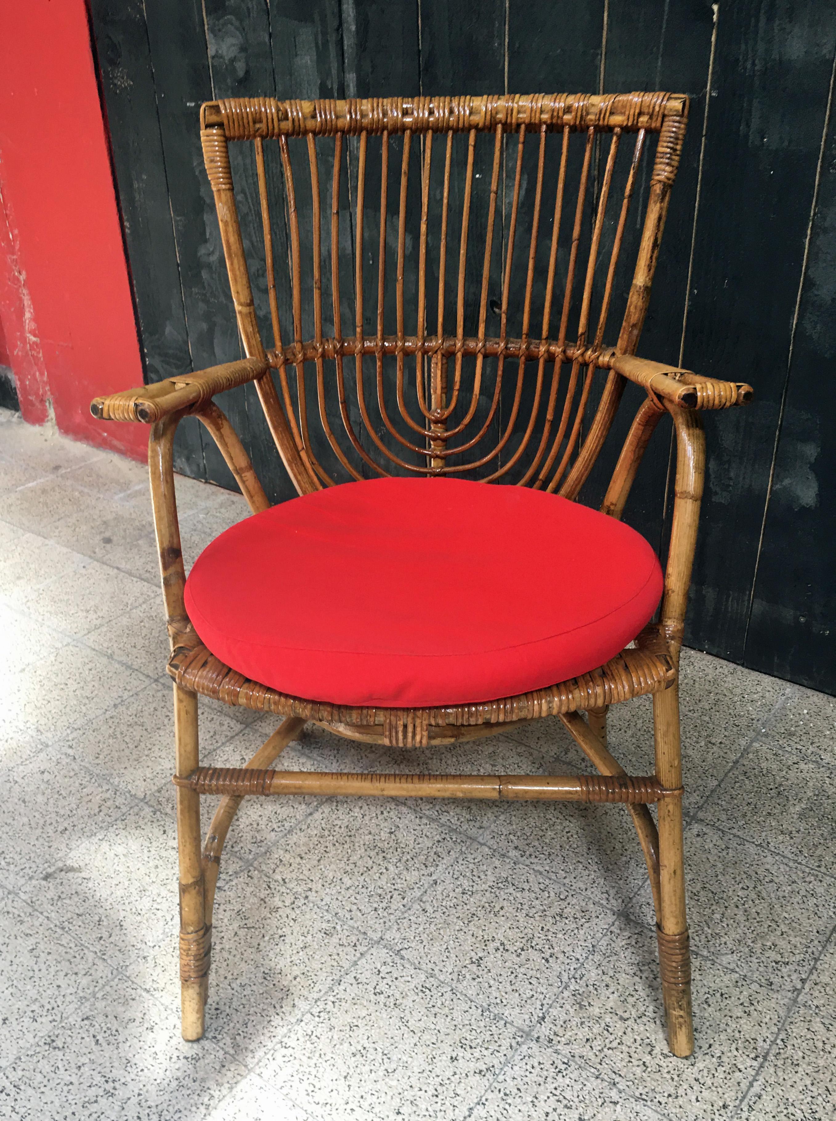 Bamboo and Rattan Armchair, circa 1970 In Good Condition For Sale In Saint-Ouen, FR